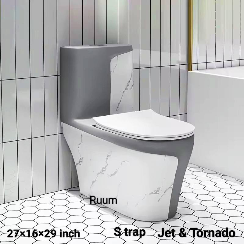 Designer One-Piece Commode – Grey & Marble Finish with Jet & Tornado Flush (27" x 16" x 29")