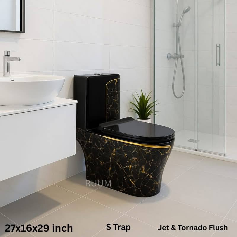one piece commode Royal Black & Gold Marble Finish with Jet & Tornado Flush (27x16x29 Inch)