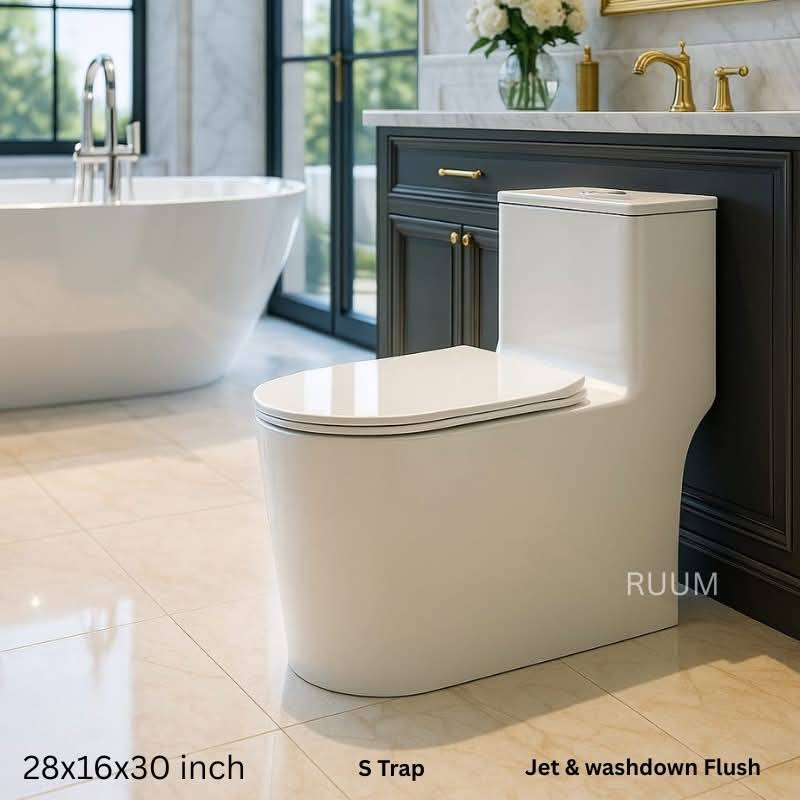 One-Piece Toilet – Minimalist White with Jet & Washdown Flush (28x16x30 Inch)