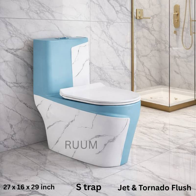 One-Piece Commode – Sky Blue & White Marble Finish with Jet & Tornado Flush (27x16x29 Inch)