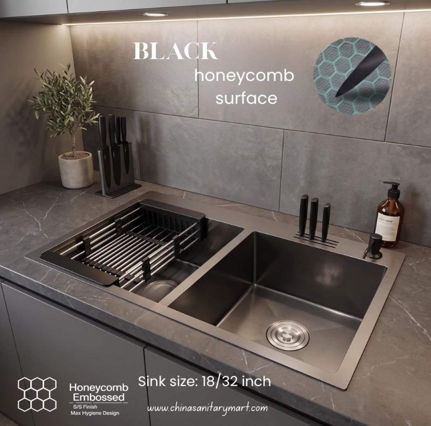 singlebowlsink, sink,kitchensink,blacksink,sinkcombo,30inchsink,handmadesink, 18/30 Inch sink black, honeycomb