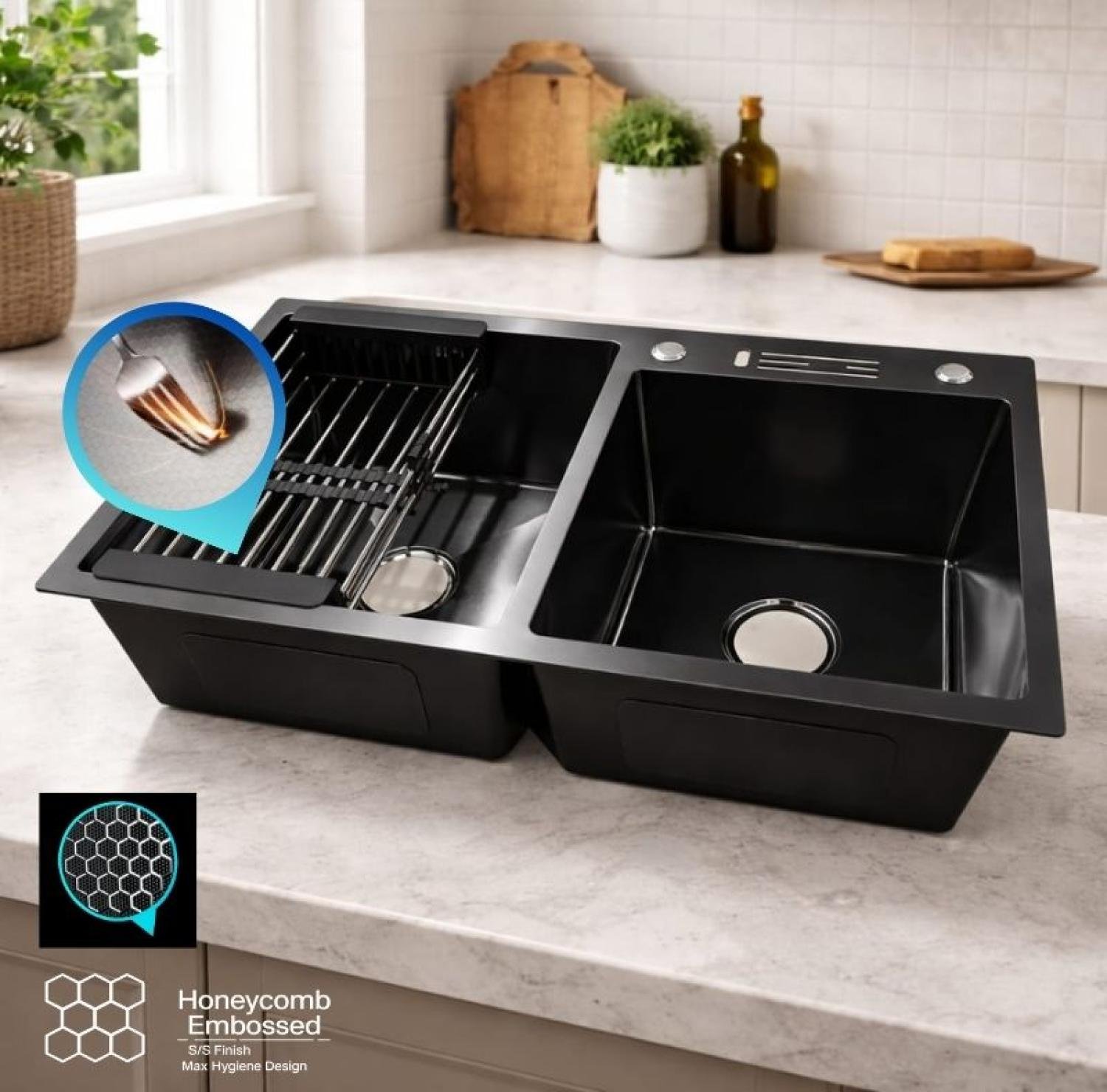 sink,kitchensink,blacksink,sinkcombo,36inchsink,handmadesink, 18/36 sink, black, honeycomb