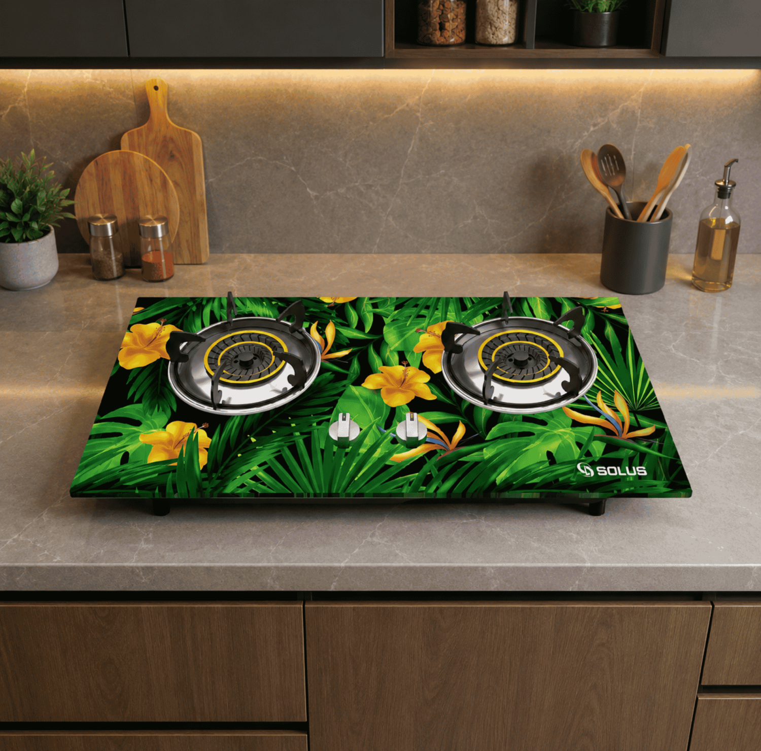 Double burner gas stove, tempered glass cooktop, modern kitchen gas stove, glass top gas panel, high-performance gas stove, sleek kitchen appliances, durable gas cooktop, 2-burner kitchen stove, premium gas range, easy-clean gas burner.