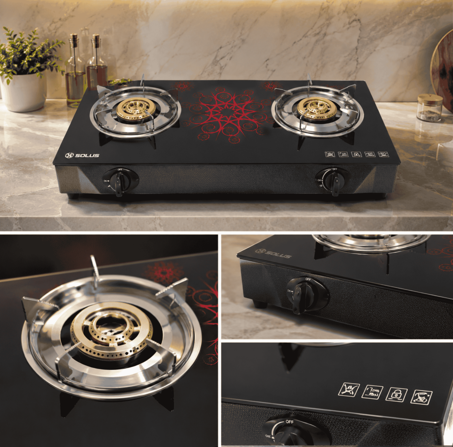 SOLUS 225H, double burner gas stove, tempered glass cooktop, modern gas stove, efficient kitchen burner, durable glass gas range, sleek kitchen appliance, high-performance cooktop, 2-burner gas stove, premium kitchen stove.