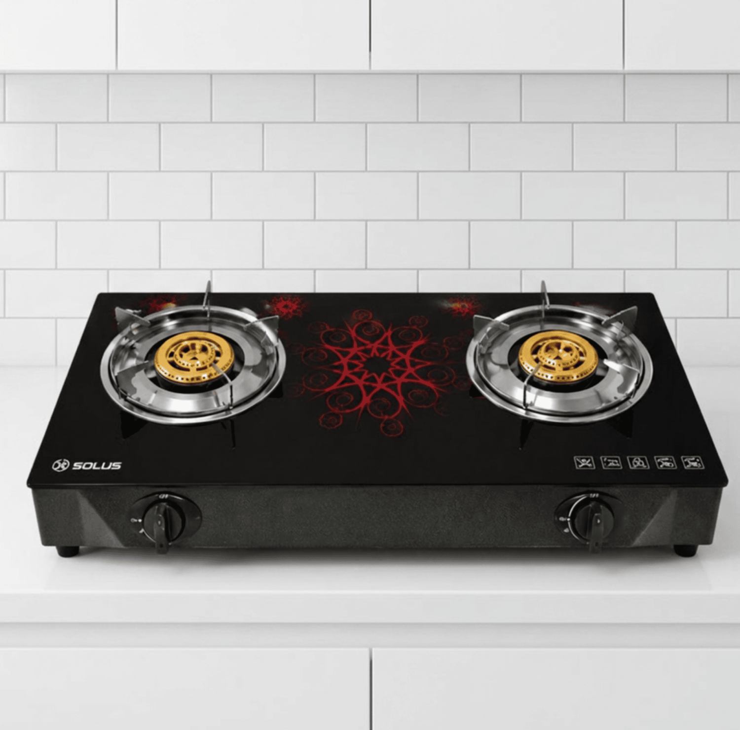 SOLUS 225H, double burner gas stove, tempered glass cooktop, modern gas stove, efficient kitchen burner, durable glass gas range, sleek kitchen appliance, high-performance cooktop, 2-burner gas stove, premium kitchen stove.