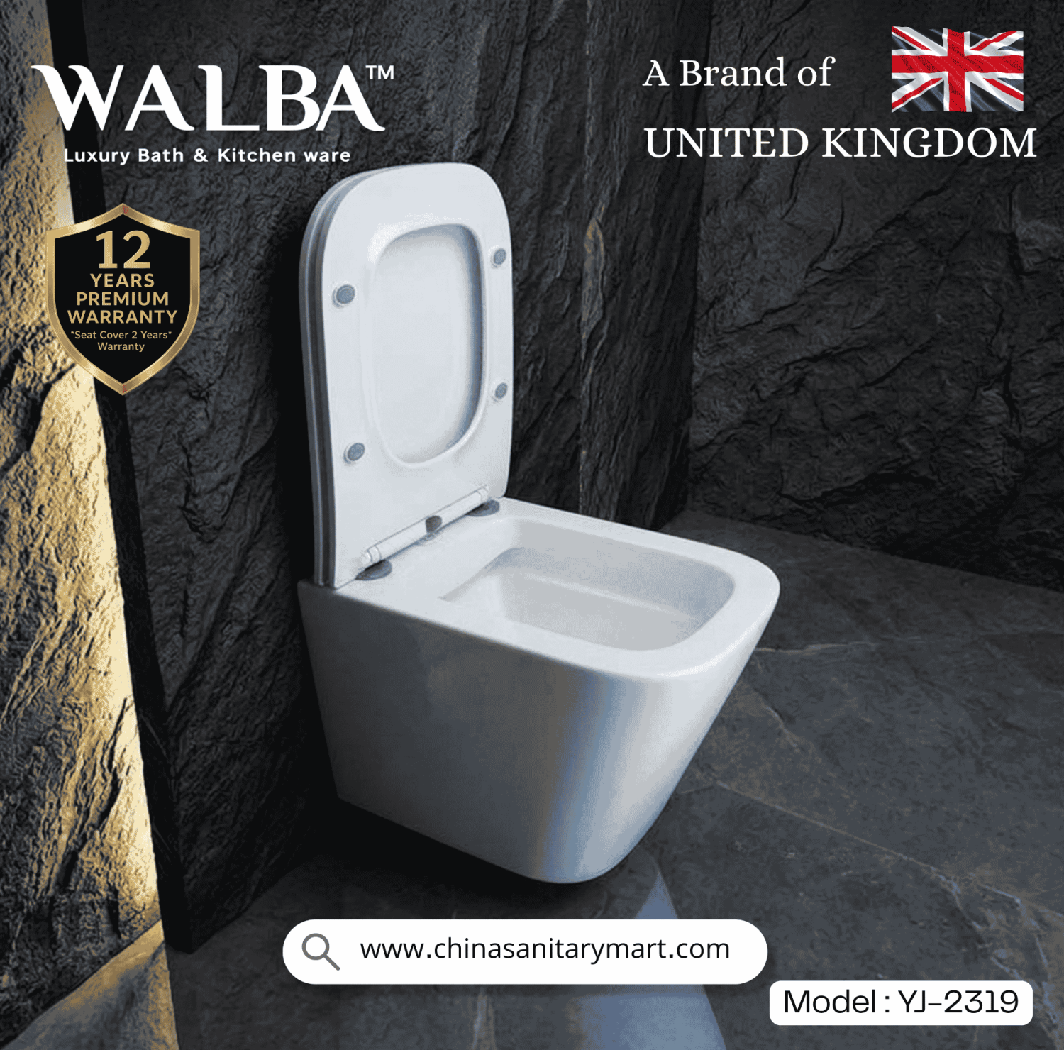 Walba commode, Walba YJ-2319, wall hung toilet, wall mounted commode, luxury sanitary ware, UK brand toilet, modern bathroom fittings, premium commode, China Sanitary Mart, ceramic toilet bowl, space saving toilet