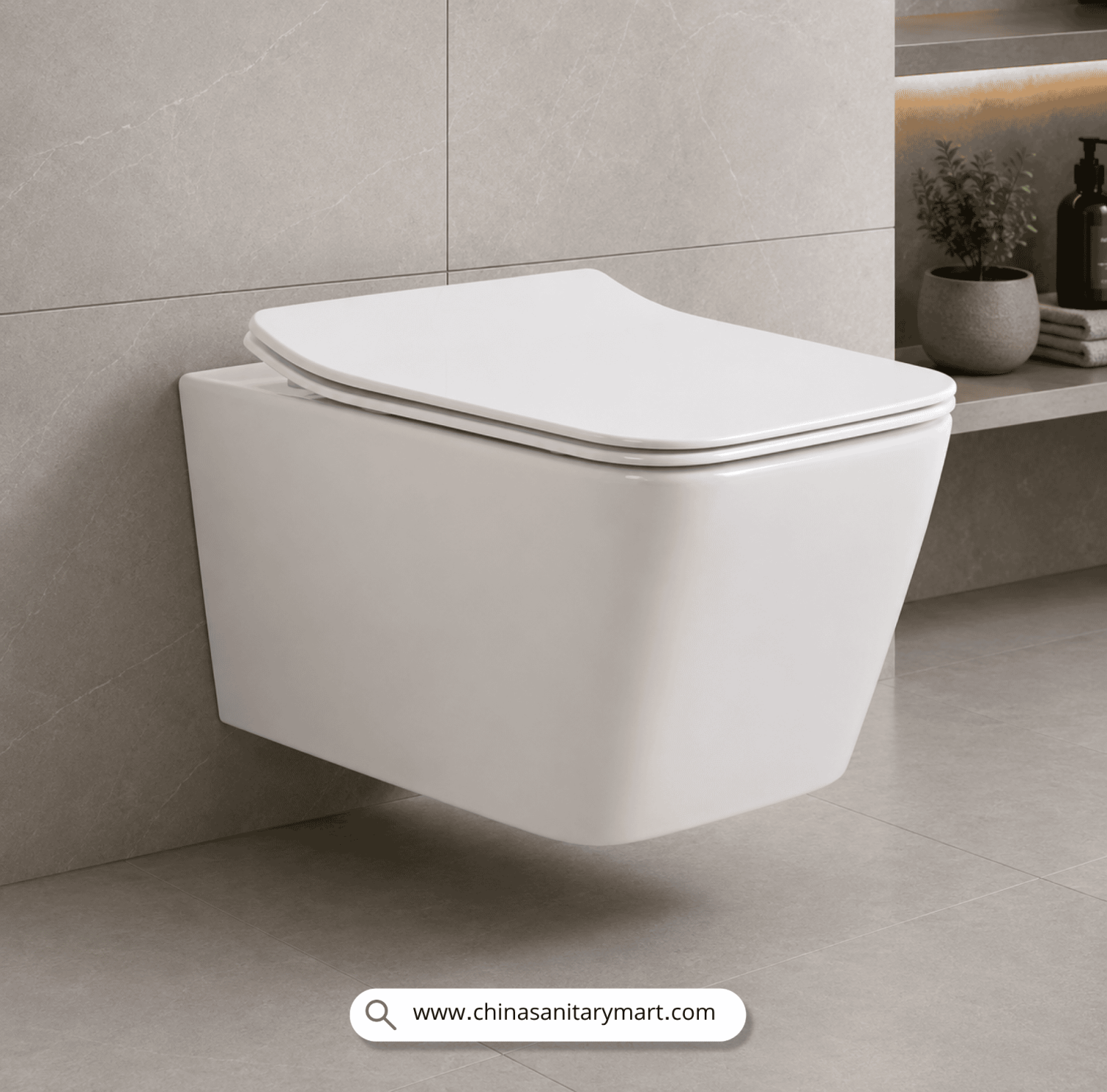 Italian Standard T103 SQ, white wall hung toilet, square toilet bowl, square wall mounted commode, luxury sanitary ware, premium ceramic toilet, China Sanitary Mart, space saving commode, modern bathroom fittings