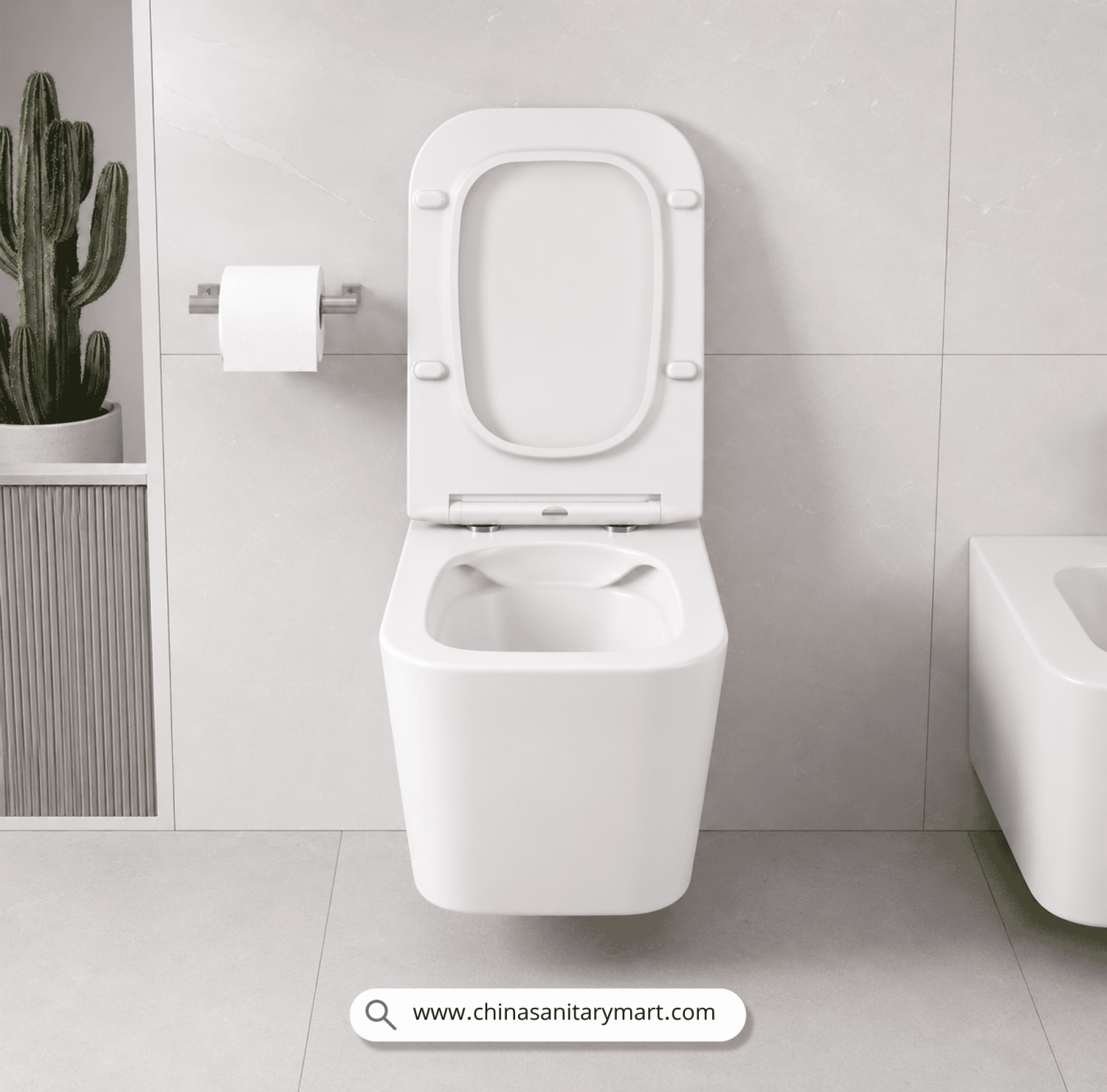 Italian Standard T103 SQ, white wall hung toilet, square toilet bowl, square wall mounted commode, luxury sanitary ware, premium ceramic toilet, China Sanitary Mart, space saving commode, modern bathroom fittings