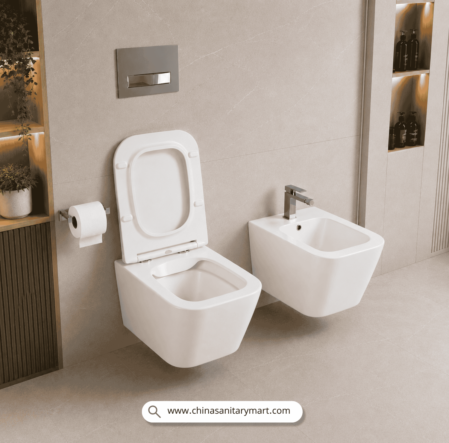 Italian Standard T103 SQ, white wall hung toilet, square toilet bowl, square wall mounted commode, luxury sanitary ware, premium ceramic toilet, China Sanitary Mart, space saving commode, modern bathroom fittings