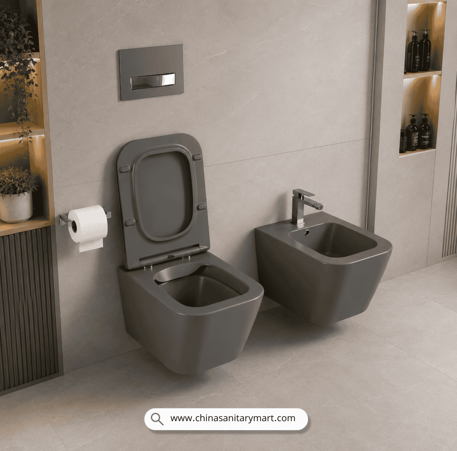 Italian Standard T103MDG, matte dark grey wallcommode, grey wall hung toilet, square wall mounted commode, grey toilet bowl, luxury sanitary ware, premium ceramic toilet, China Sanitary Mart, space saving commode, modern bathroom fittings