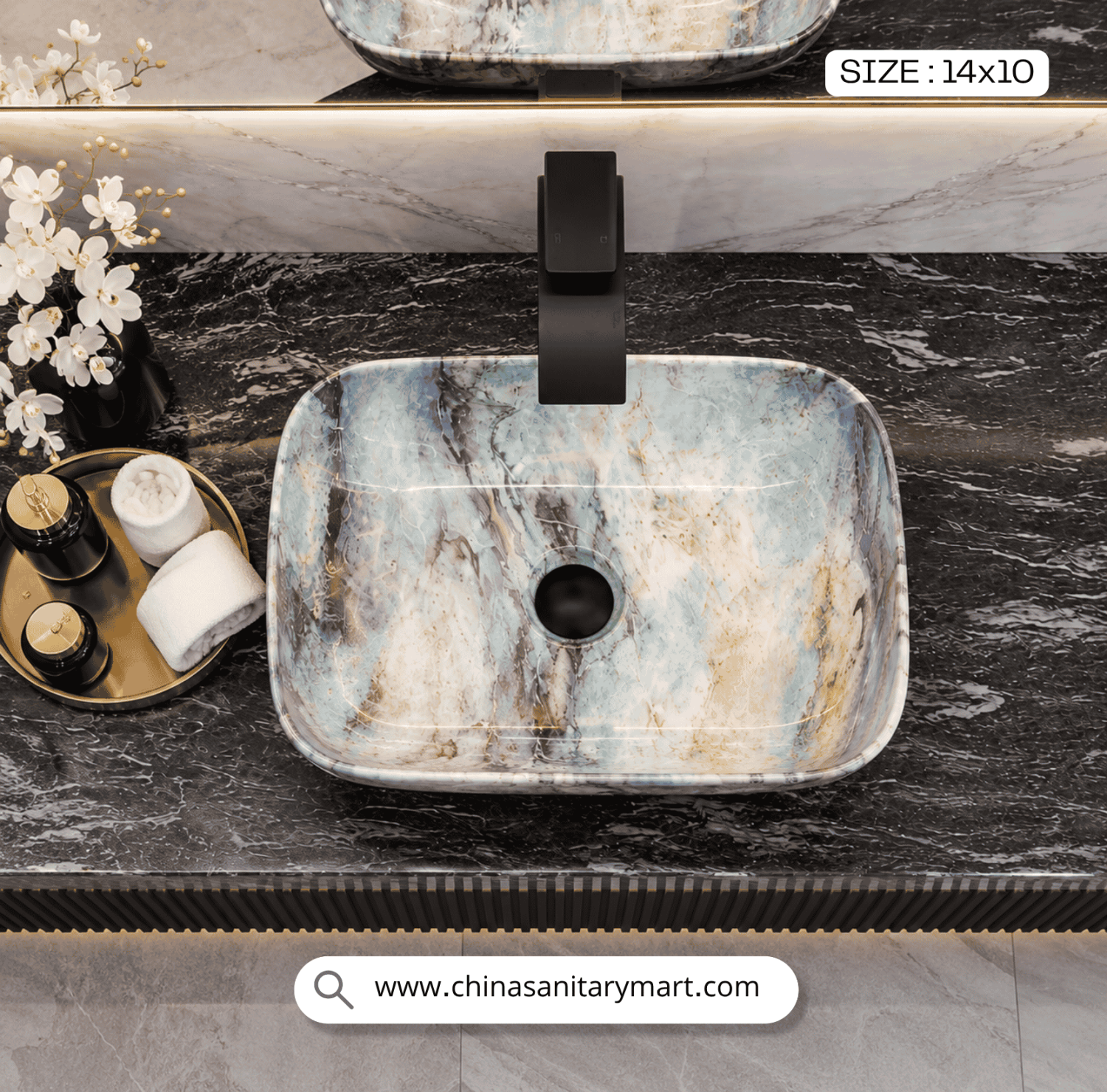 Exclusive marble basin 1014, cosmic vein wash basin, dark marble countertop, vanity basin with cosmic veins, luxury bathroom sanitary ware, China Sanitary Mart, premium ceramic wash basin, modern vanity bowl, black marble basin