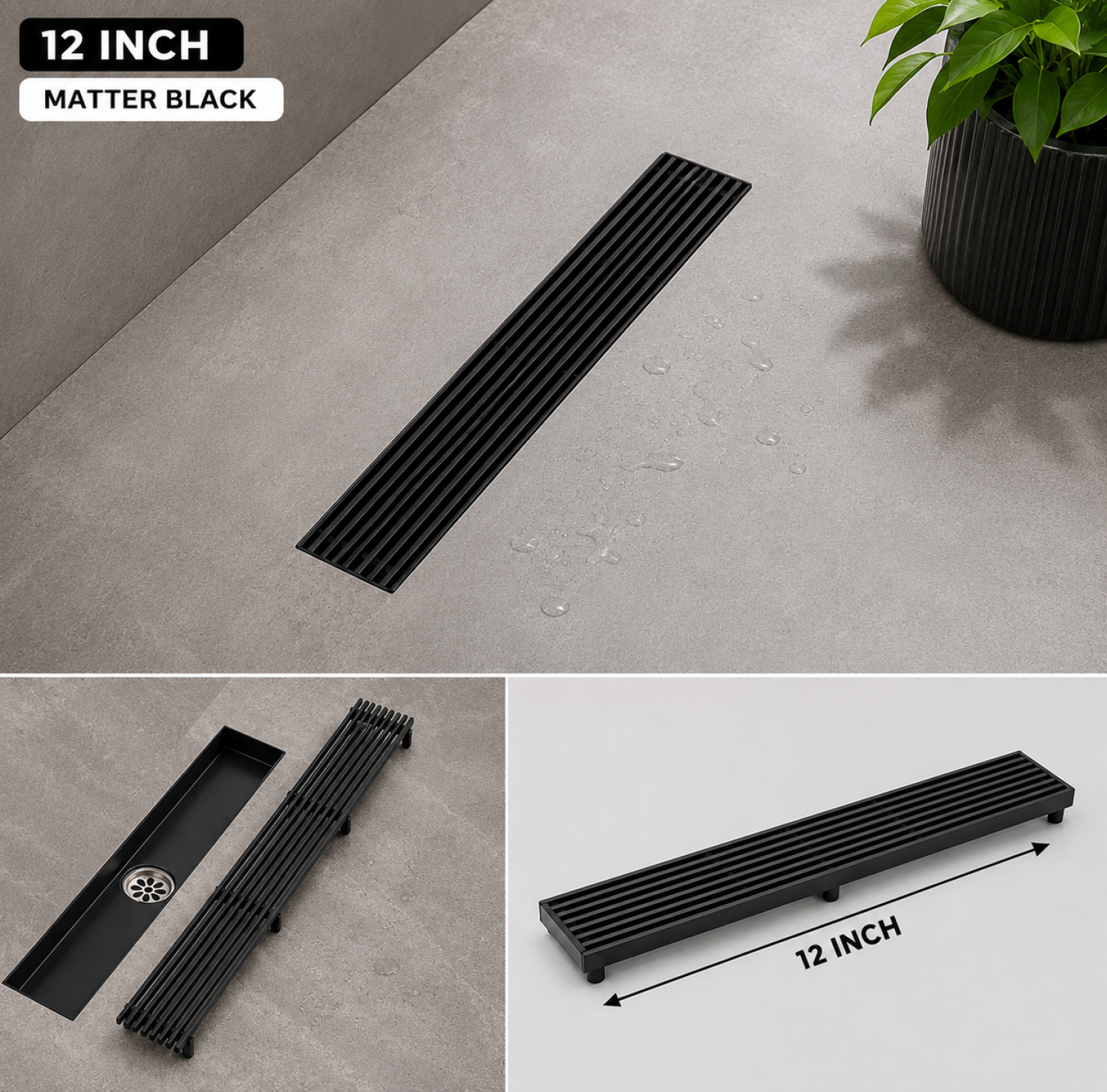 SS Bathroom Drain, Matte Black Drain, 12x3 Inch Drain, Black Floor Drain, FT Net Drain, Stainless Steel Linear Drain, Shower Drain, Bathroom Floor Drain, Luxury Bathroom Drain, Modern Drain Cover, Wet Room Drain, Linear Shower Drain