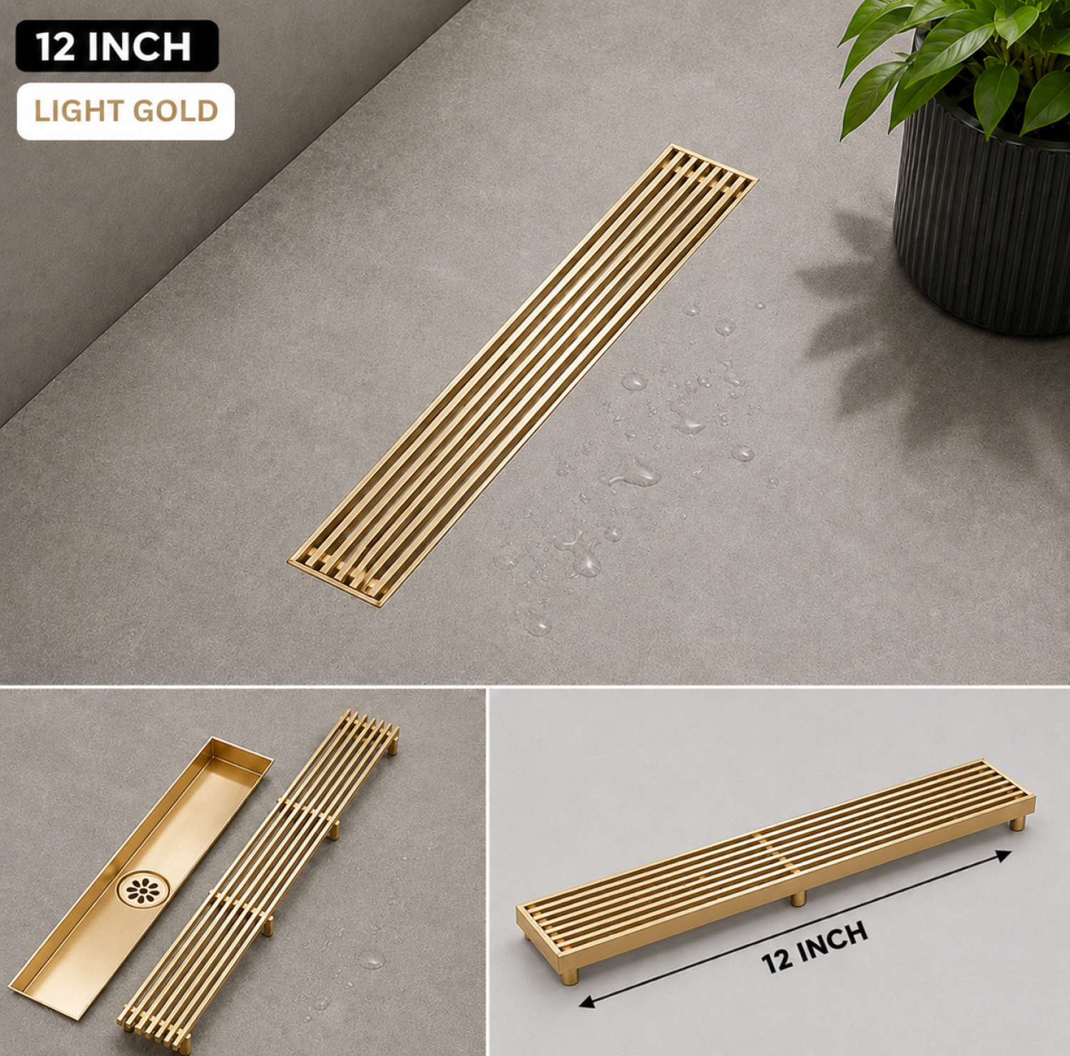 SS Bathroom Drain, Light Gold Floor Drain, 12x3 Inch Drain, FT Net Drain, Stainless Steel Drain, Linear Floor Drain, Gold Bathroom Drain, Matte Light Gold Drain, Shower Drain, Bathroom Accessories, Anti Clog Drain, Hair Catcher Drain