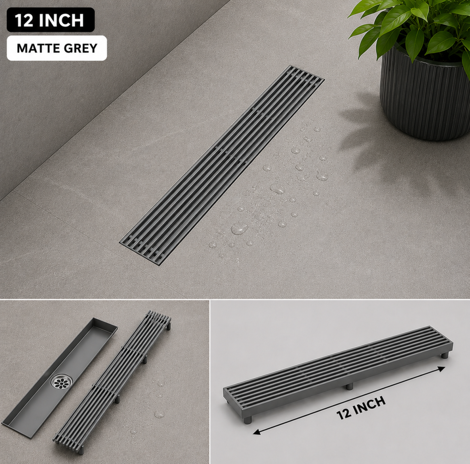 SS Bathroom Drain, VIP Floor Drain, Matte Grey Drain, Gun Metal Grey Drain, 12x3 Inch Drain, FT Net Drain, Stainless Steel Floor Drain, Linear Shower Drain, Bathroom Drain Cover, Anti Clog Drain, Luxury Bathroom Accessories, Modern Floor Drain