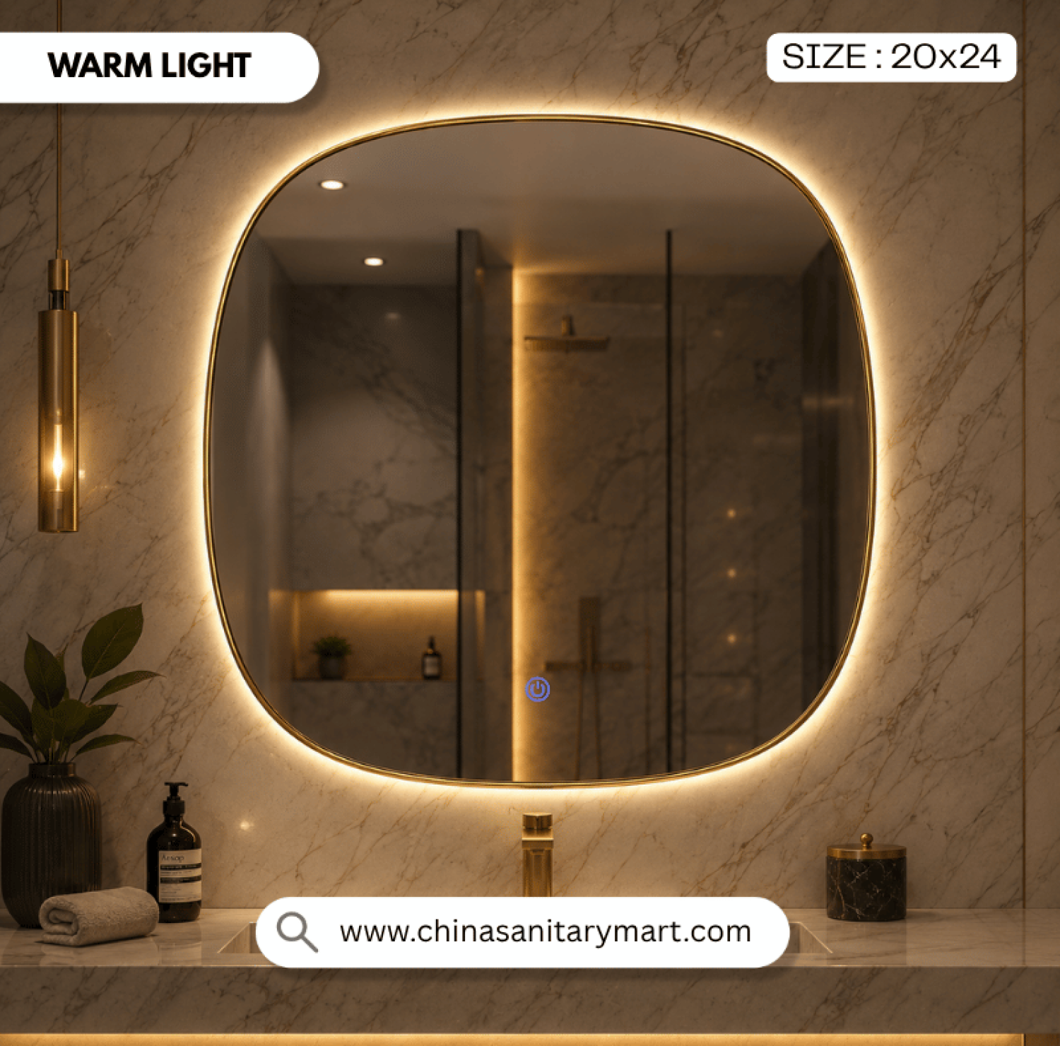 LED Mirror, Golden Frame Mirror, 24x24 LED Mirror, Bathroom Mirror with Light, Smart Mirror, Touch Sensor Mirror, Luxury Bathroom Mirror, Round Corner Mirror, Modern LED Mirror, Aluminum Frame Mirror, Vanity Mirror, Decorative Mirror