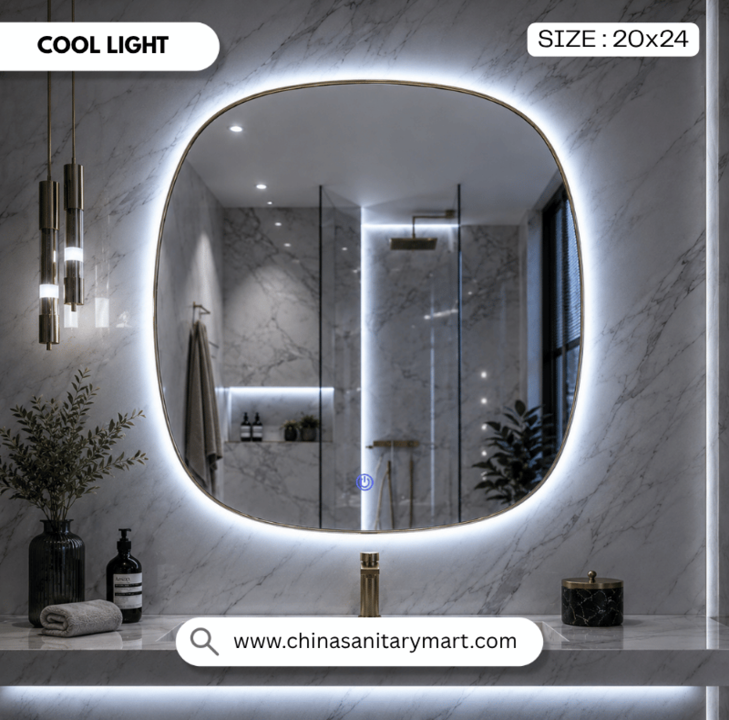 LED Mirror, Golden Frame Mirror, 24x24 LED Mirror, Bathroom Mirror with Light, Smart Mirror, Touch Sensor Mirror, Luxury Bathroom Mirror, Round Corner Mirror, Modern LED Mirror, Aluminum Frame Mirror, Vanity Mirror, Decorative Mirror
