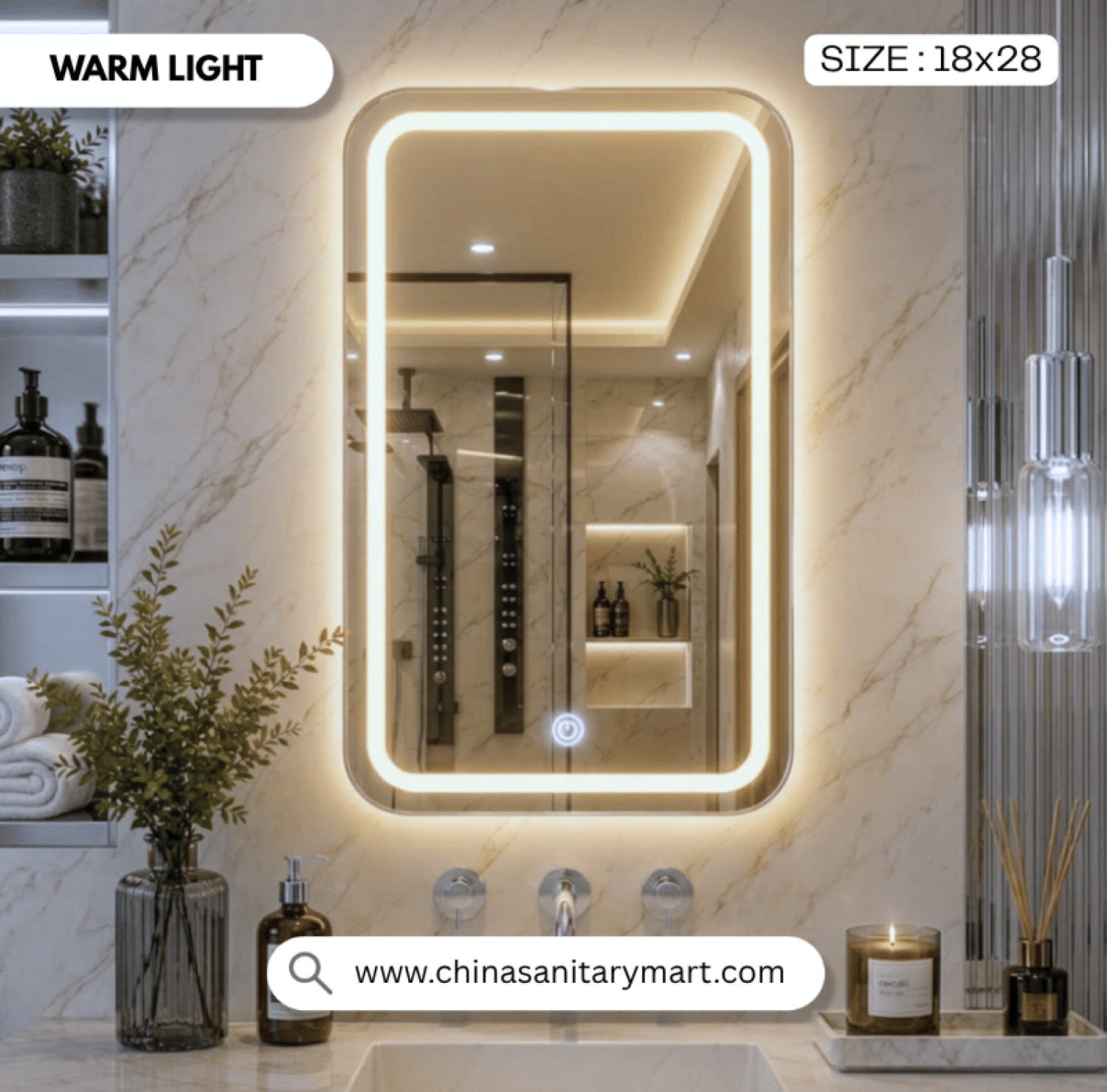 LED Mirror, Silver Frame Mirror, LED Bathroom Mirror, 18x28 LED Mirror, Aluminum Frame Mirror, Touch Sensor Mirror, Smart Mirror, Bathroom Mirror with Light, Illuminated Mirror, Modern Bathroom Mirror, Vanity Mirror