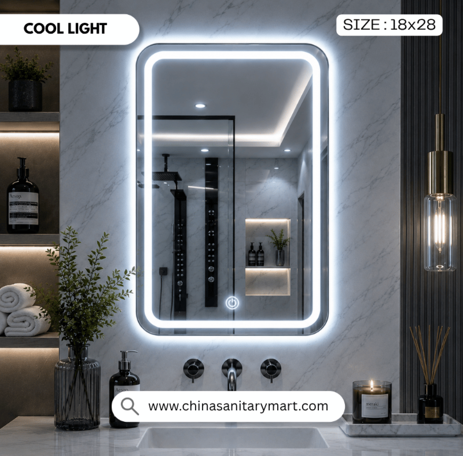 LED Mirror, Silver Frame Mirror, LED Bathroom Mirror, 18x28 LED Mirror, Aluminum Frame Mirror, Touch Sensor Mirror, Smart Mirror, Bathroom Mirror with Light, Illuminated Mirror, Modern Bathroom Mirror, Vanity Mirror