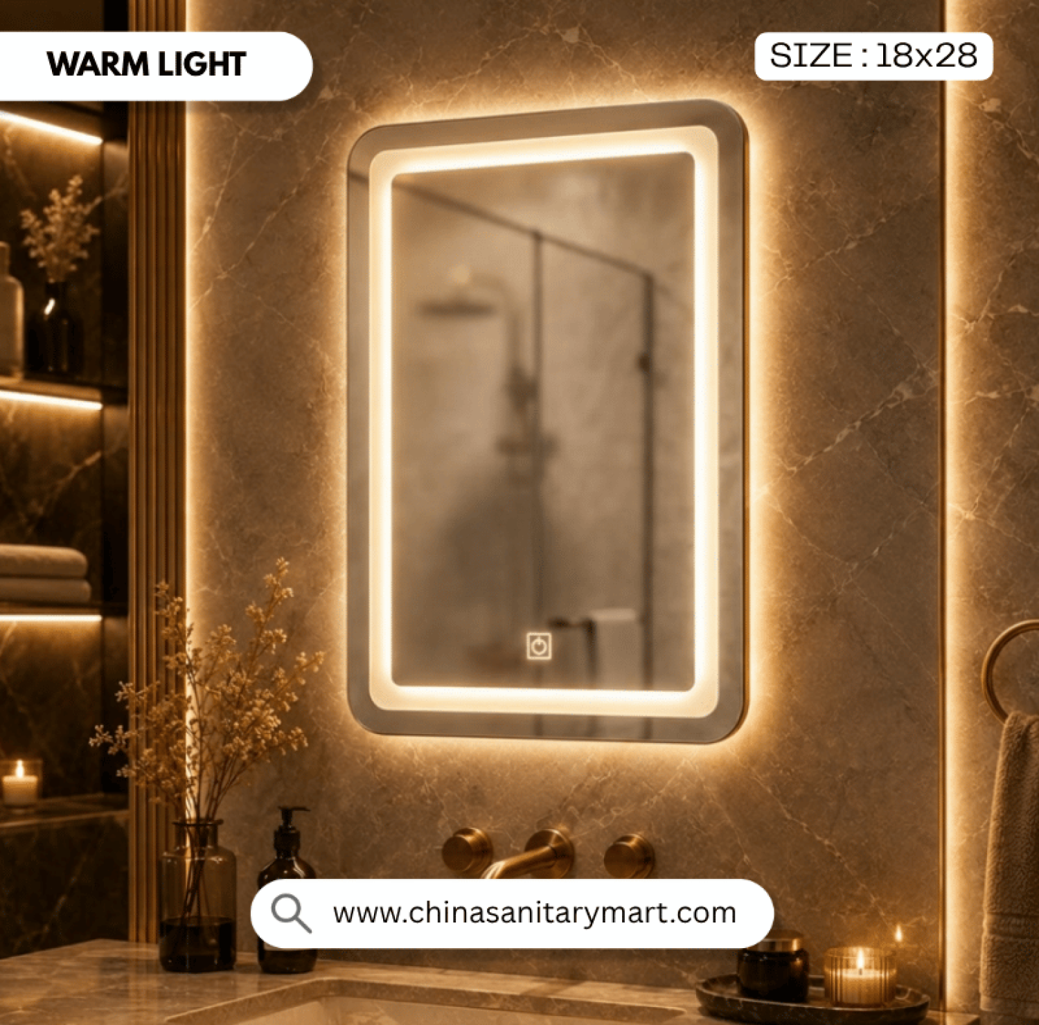 LED Mirror, Golden LED Mirror, Bathroom Mirror with Light, 18x28 LED Mirror, Golden Aluminum Frame Mirror, Smart Mirror, Touch Sensor Mirror, Luxury Bathroom Mirror, Vanity Mirror, Illuminated Mirror, Decorative Mirror