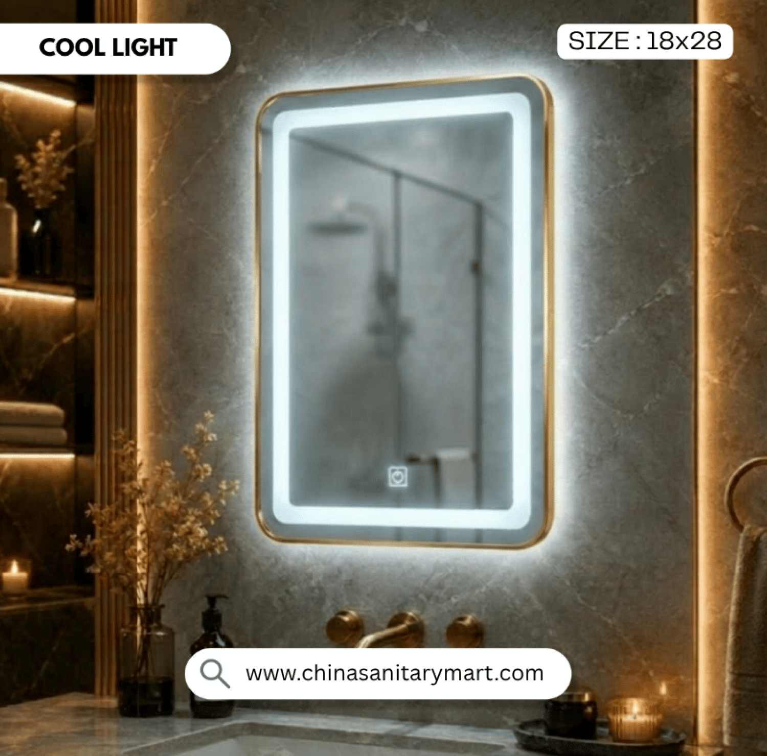LED Mirror, Golden LED Mirror, Bathroom Mirror with Light, 18x28 LED Mirror, Golden Aluminum Frame Mirror, Smart Mirror, Touch Sensor Mirror, Luxury Bathroom Mirror, Vanity Mirror, Illuminated Mirror, Decorative Mirror
