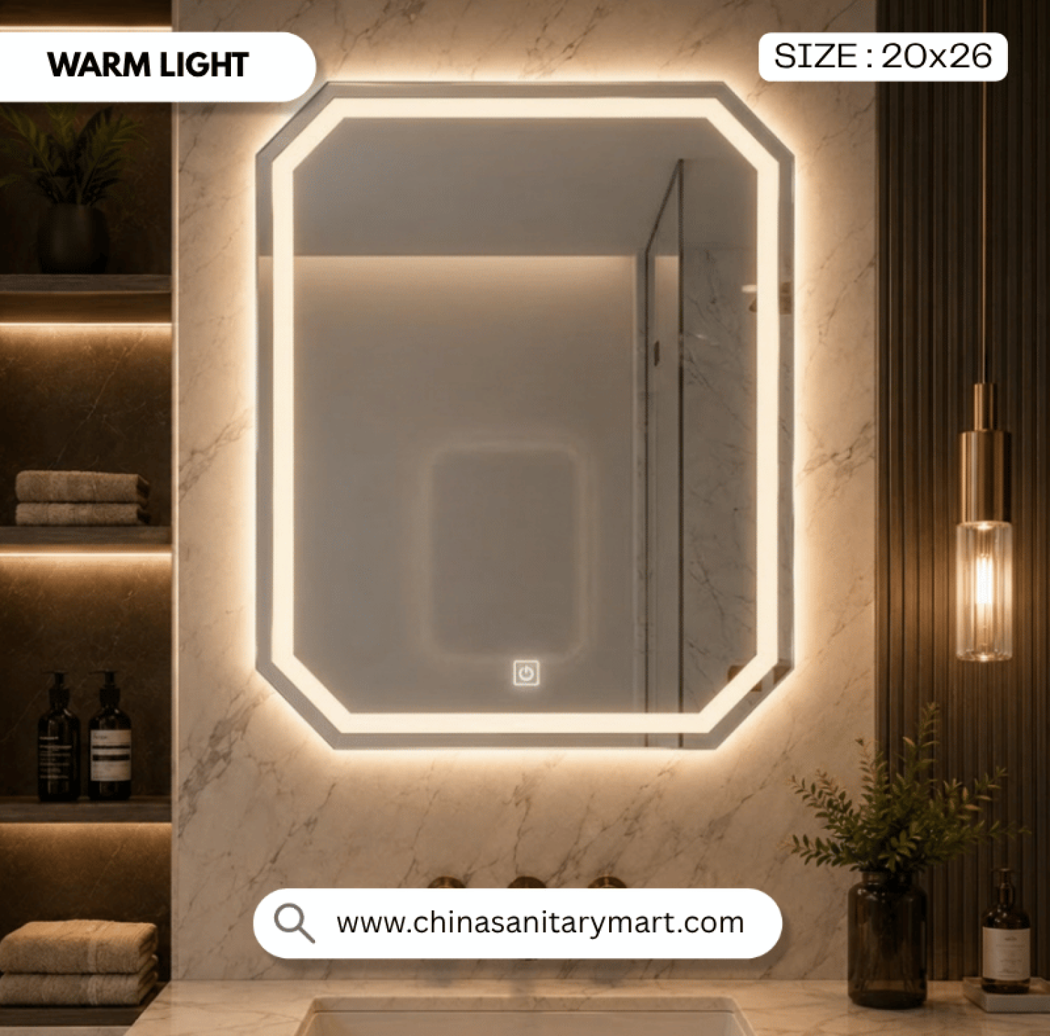 LED Mirror, Octa Rectangle Mirror, Bathroom Mirror with Light, 26x20 LED Mirror, Smart Mirror, Touch Sensor Mirror, Illuminated Mirror, Modern Bathroom Mirror, Luxury Mirror, Vanity Mirror, LED Vanity Mirror, Decorative Mirror