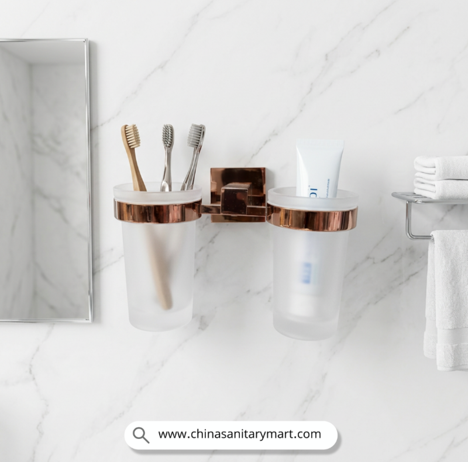 IM Double Brush Holder Rose Golden, Double Brush Holder, Rose Gold Brush Holder, Wall Mounted Toothbrush Holder, Double Toothbrush Holder, Frosted Glass Tumbler Holder, Rose Gold Bathroom Accessories, Luxury Bathroom Organizer