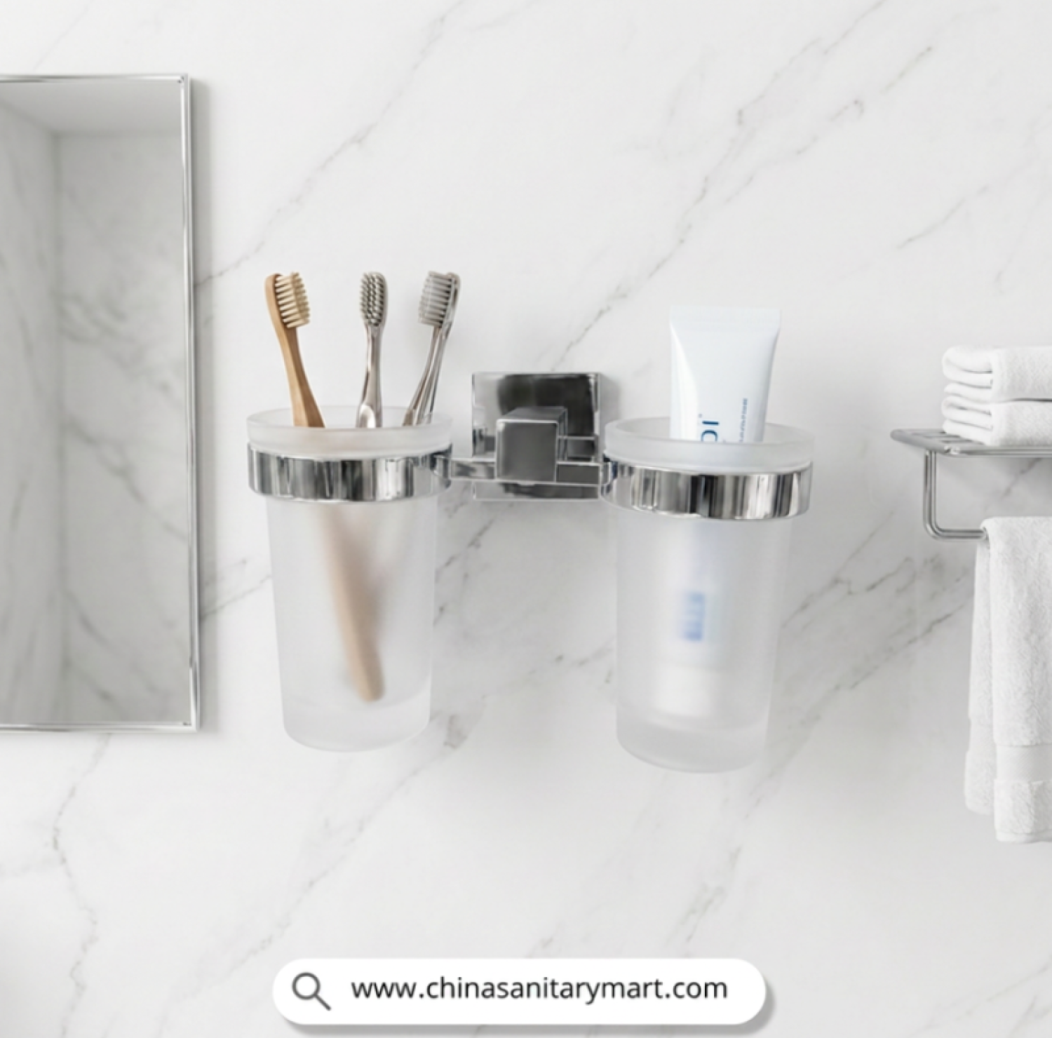 IM Double Brush Holder CP, Chrome Polished Brush Holder, Double Toothbrush Holder, Wall Mounted Toothbrush Holder, CP Bathroom Accessories, Frosted Glass Tumbler Holder, Dual Cup Brush Holder, Toothbrush and Toothpaste Holder