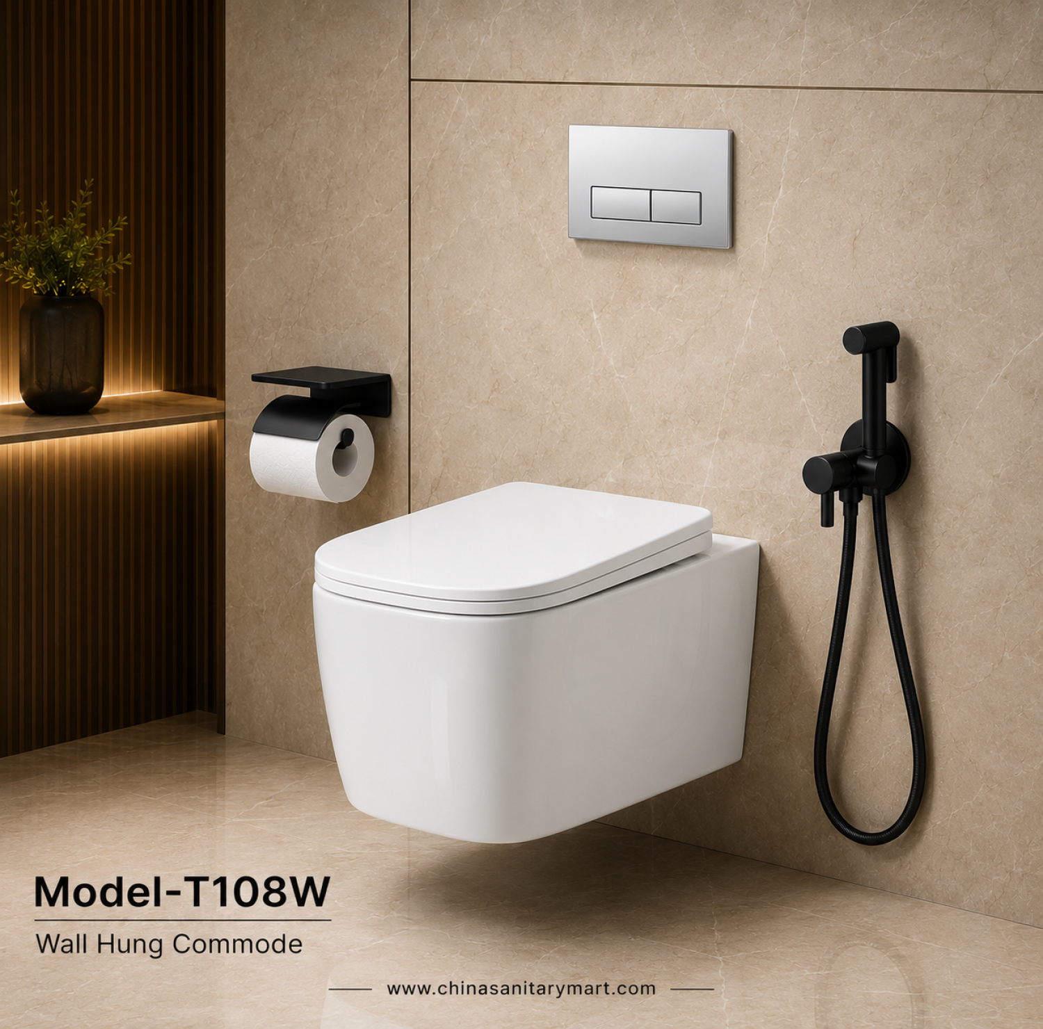 Model-T108W, Wall Hung Commode, Wall Hung Toilet, Rimless Tornado Flush, Soft Close Seat, UF Seat Cover, Premium Ceramic Toilet, Concealed Cistern Toilet, Wall Mounted Toilet, Modern Bathroom Commode, 1280°C Fired Ceramic, China Sanitary Mart