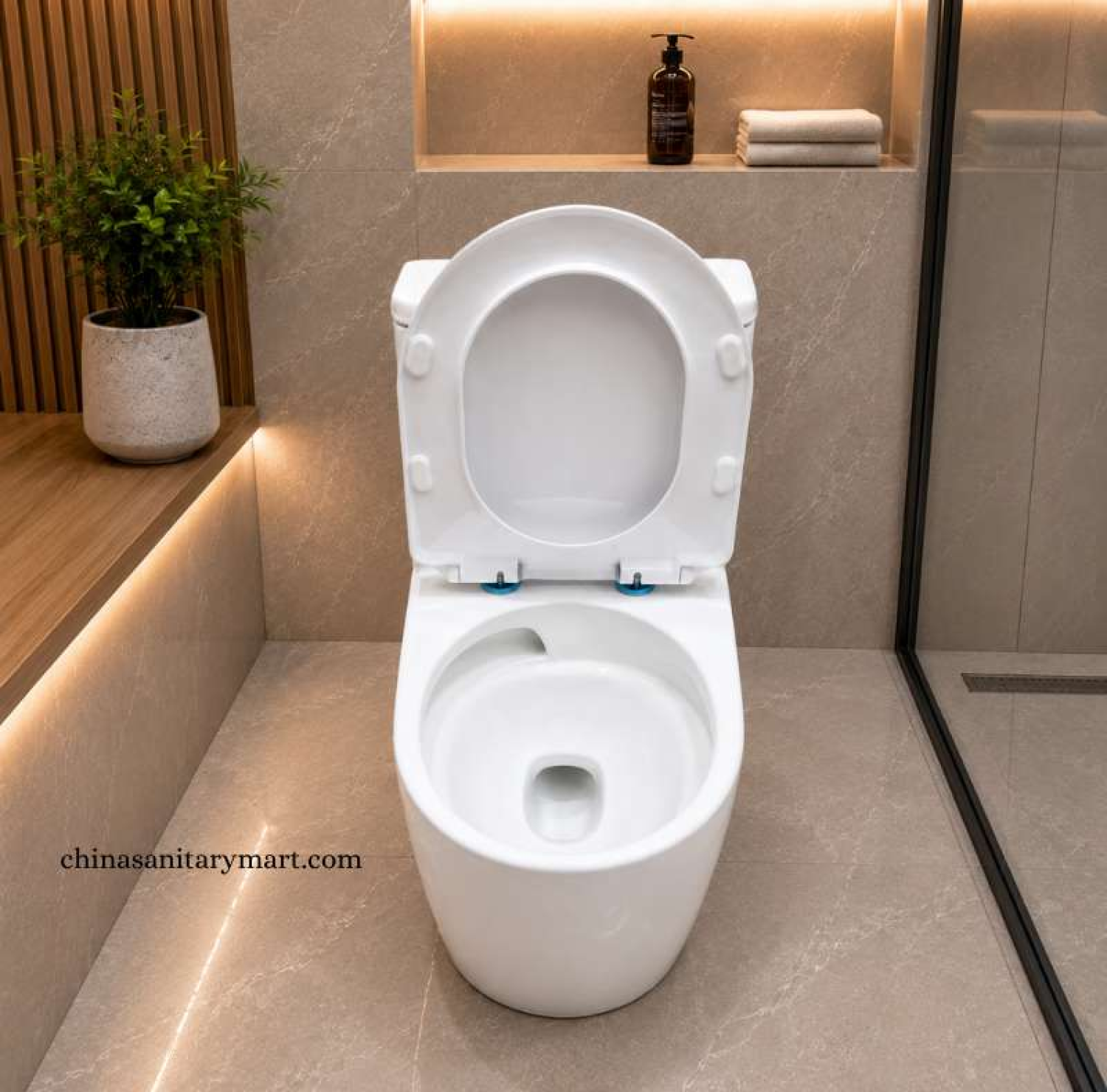 IS-M007 24 Inch Premium White One Piece Commode featuring a glossy white finish, premium sanitary ceramic construction, Tornado Jet Flush system