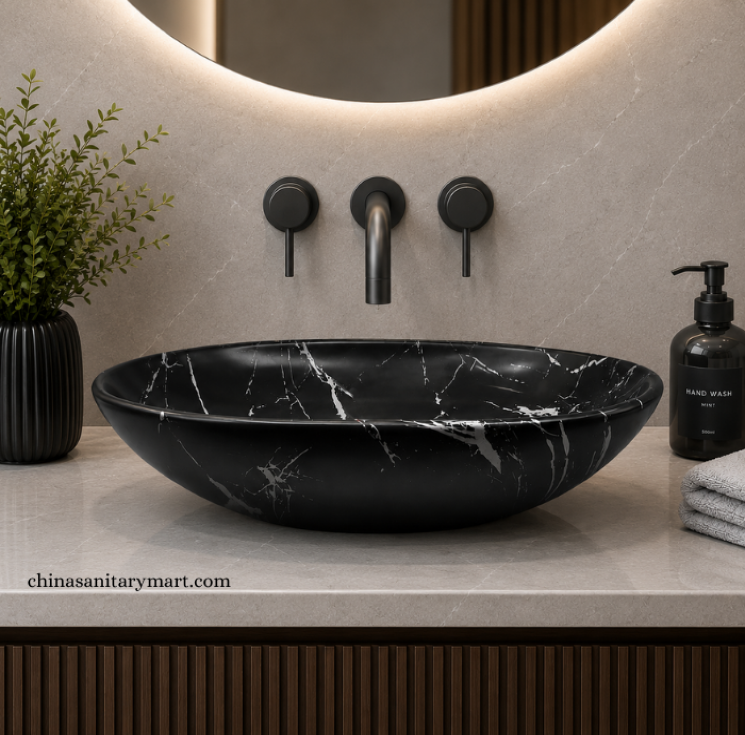 IS-A034C 16×24.5 Inch Matte Black Marble Shed Top Basin featuring a premium ceramic body, matte black marble finish with elegant white veining