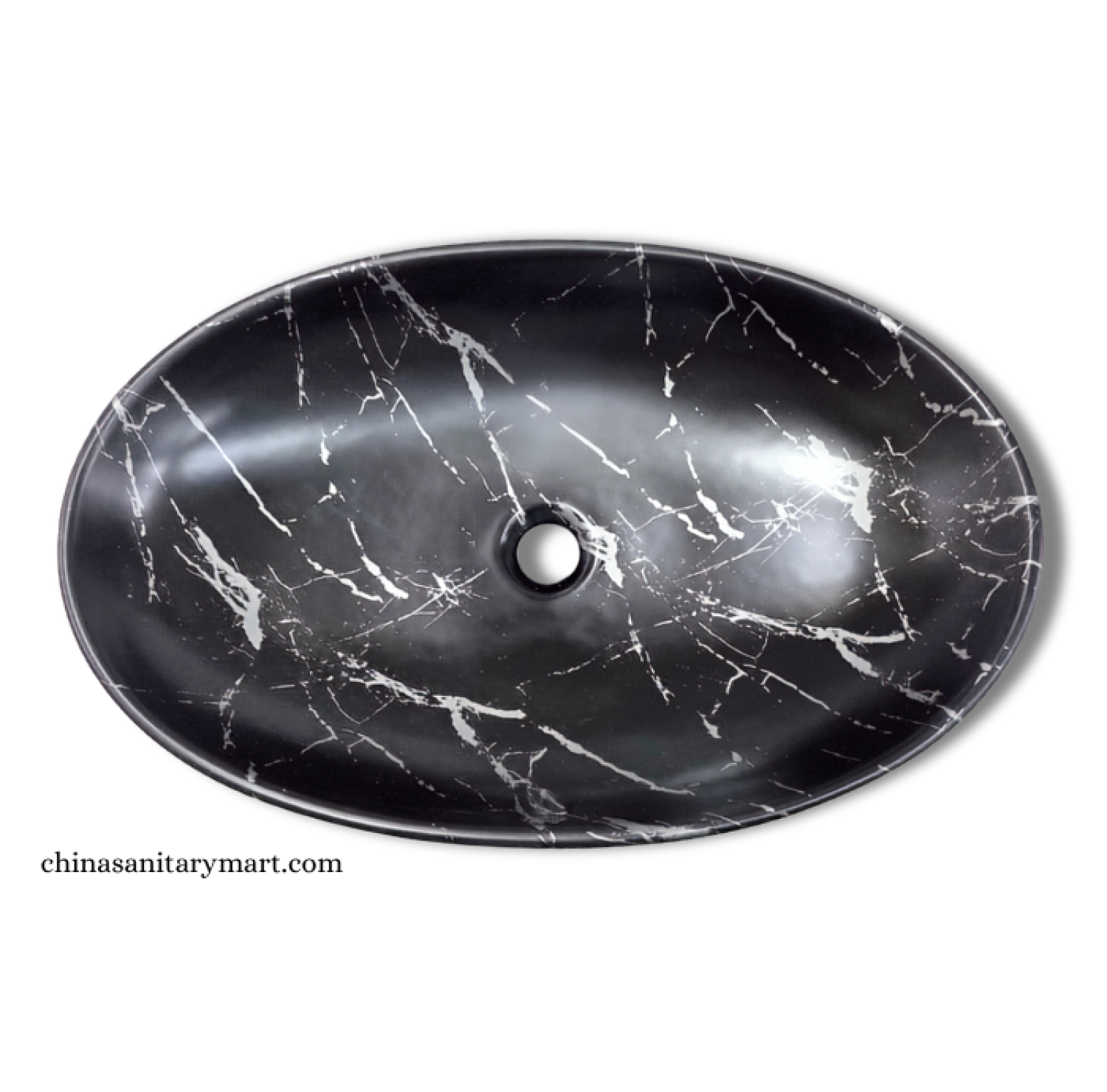 IS-A034C 16×24.5 Inch Matte Black Marble Shed Top Basin featuring a premium ceramic body, matte black marble finish with elegant white veining