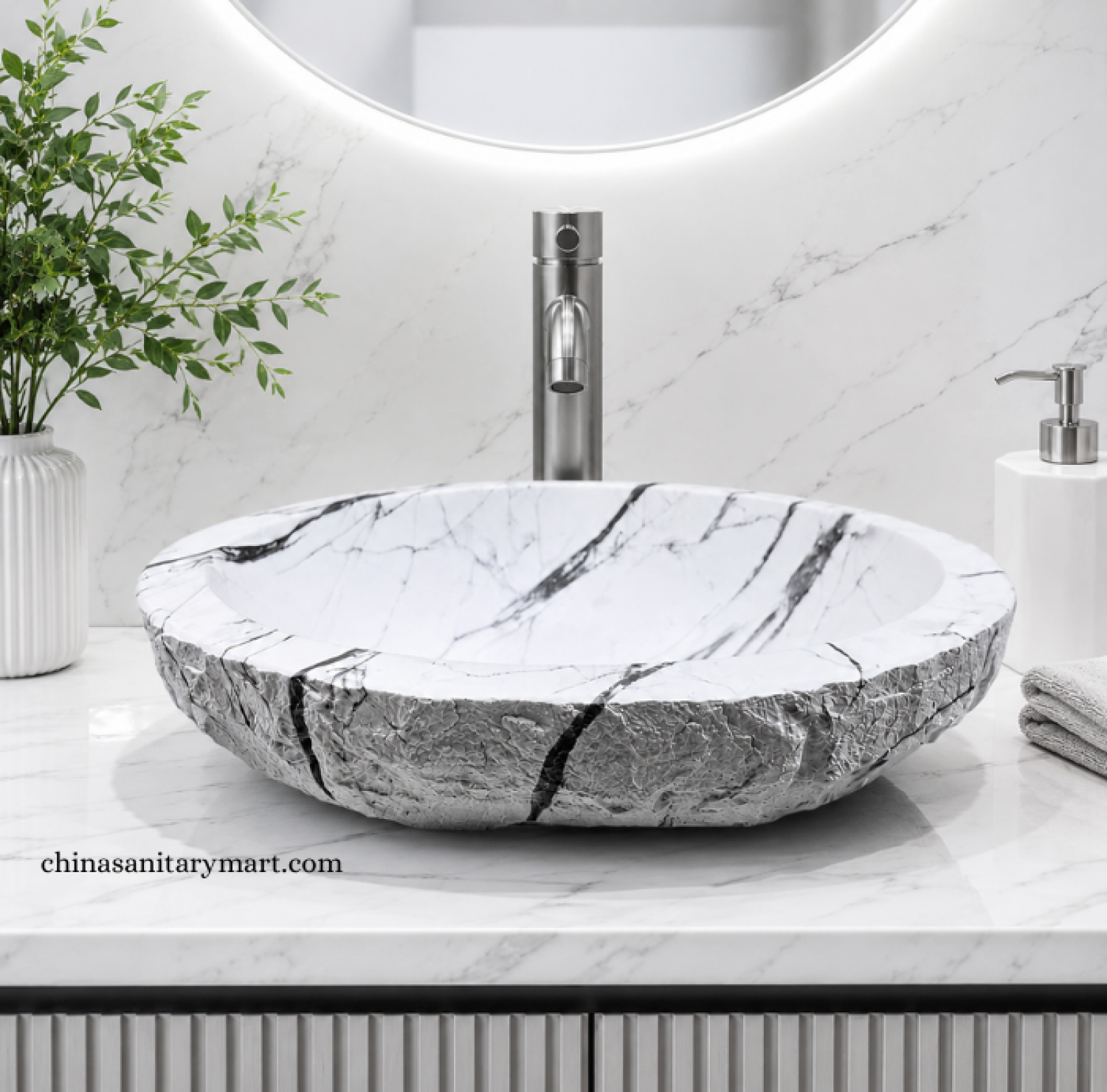 IS-AST02 18×14 Inch Stone Model White Marble Shed Top Basin featuring a premium ceramic body, elegant white marble finish with black veining