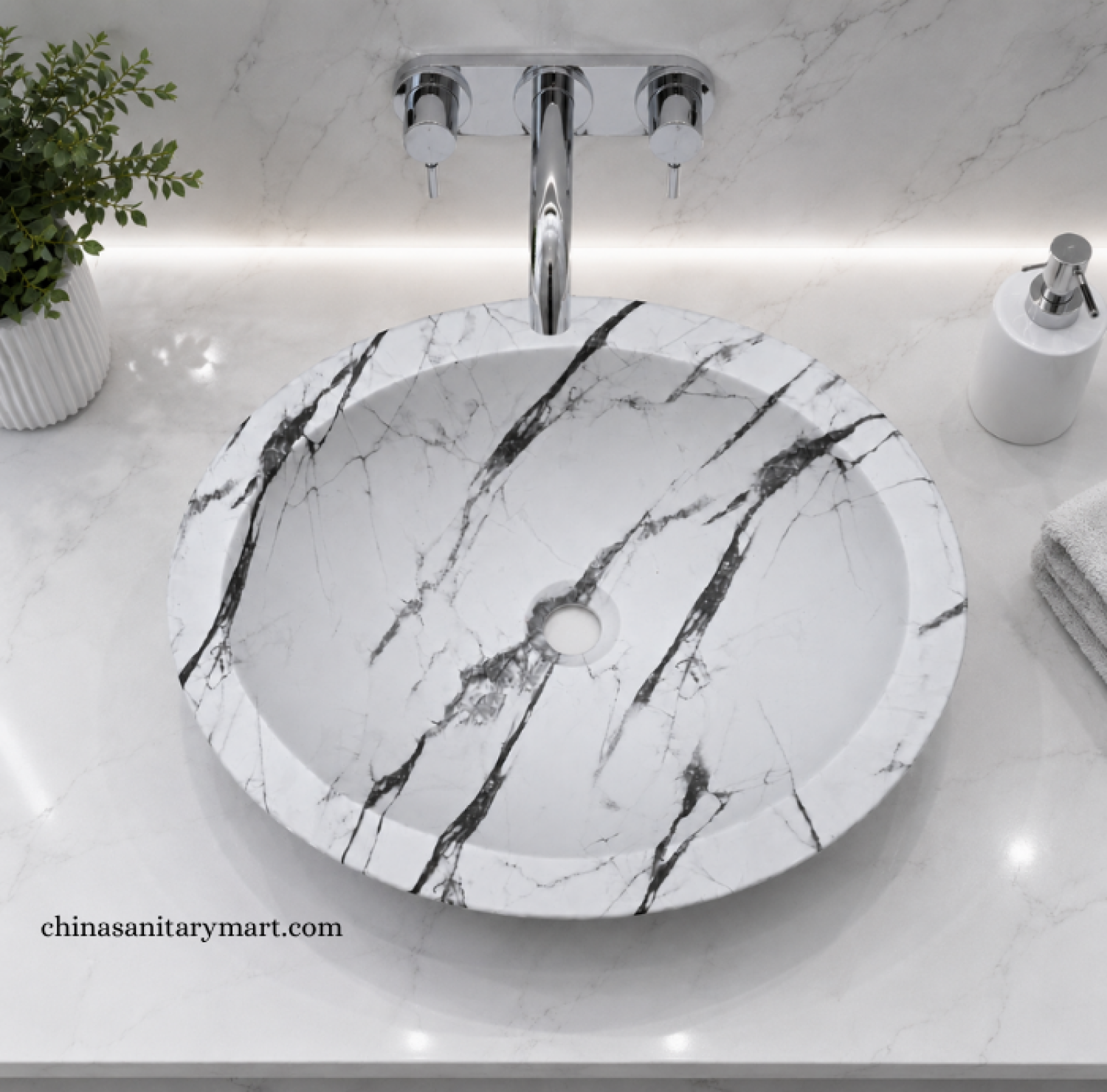 IS-AST02 18×14 Inch Stone Model White Marble Shed Top Basin featuring a premium ceramic body, elegant white marble finish with black veining