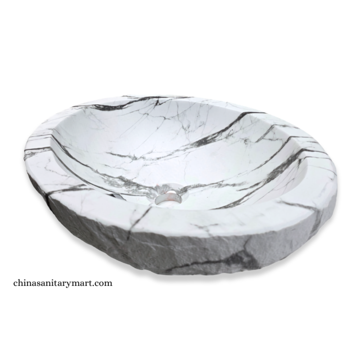 IS-AST02 18×14 Inch Stone Model White Marble Shed Top Basin featuring a premium ceramic body, elegant white marble finish with black veining