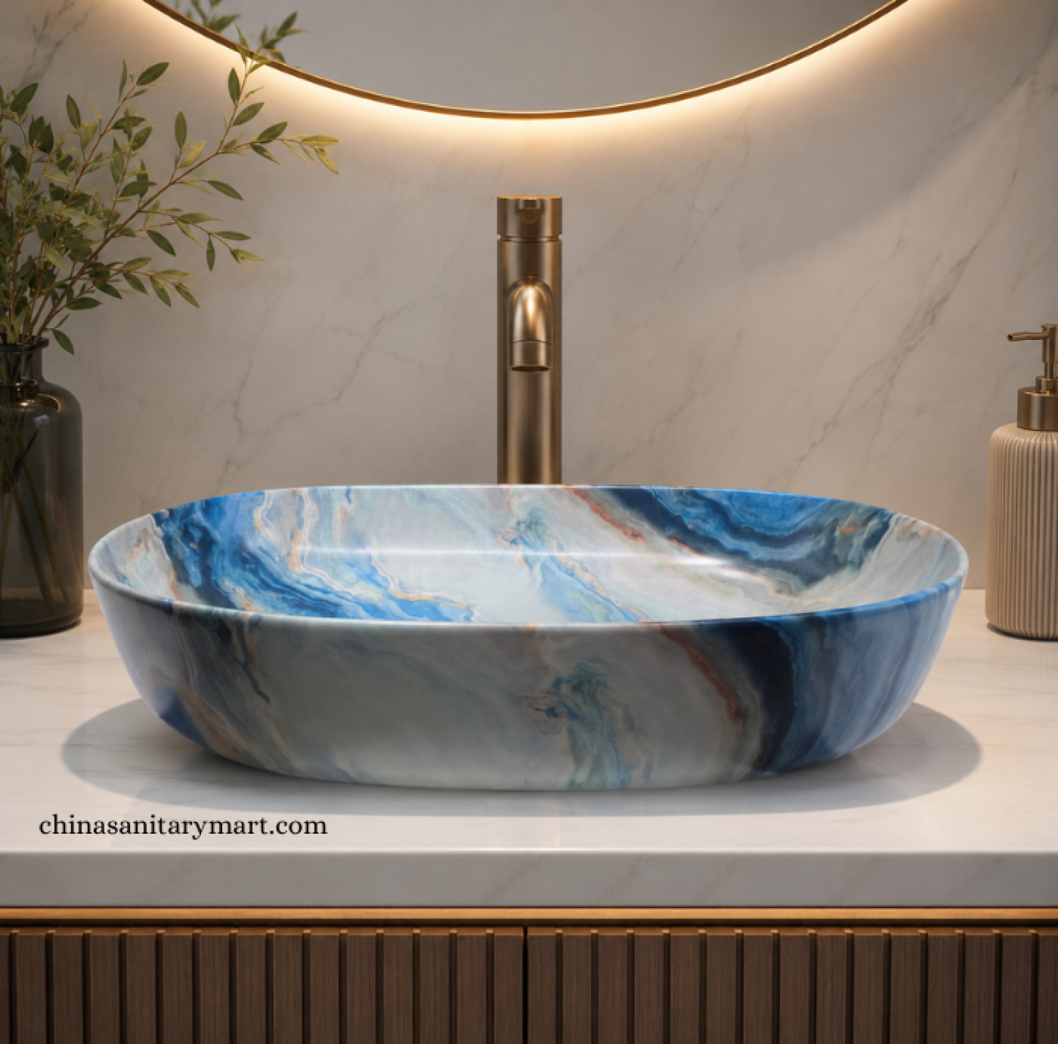 IS-A8310E 16×23.5 Inch Blue Ocean Matte Marble Shed Top Basin with premium ceramic construction, artistic blue marble finish