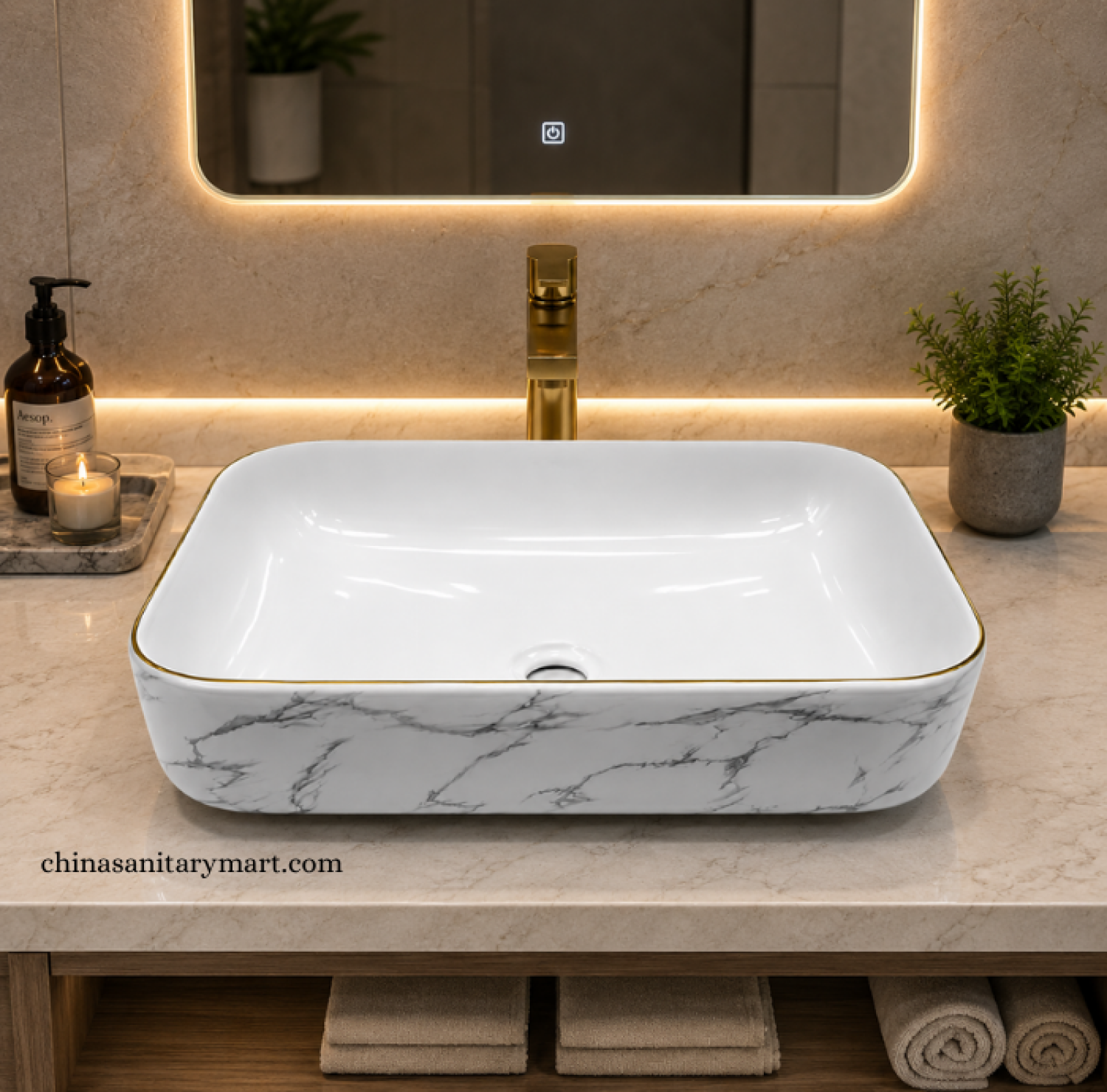 IS-A5014MG 15.5×20 Inch Matte White Marble Shed Top Basin with premium ceramic construction, matte white marble exterior, elegant gold rim