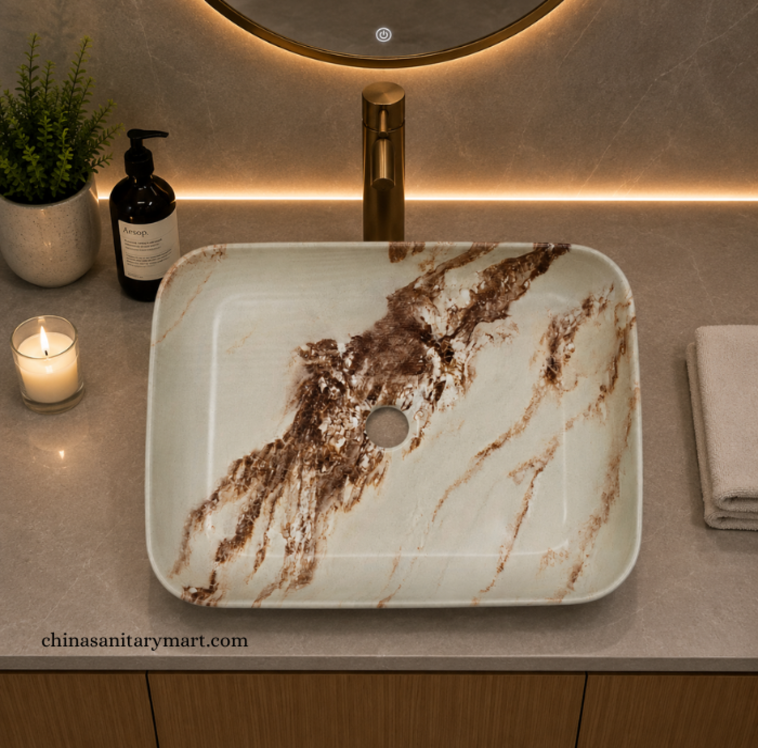IS-A5014MA 15.5×20 Inch White Marble Shed Square Shape Top Basin with premium ceramic construction, elegant white marble finish