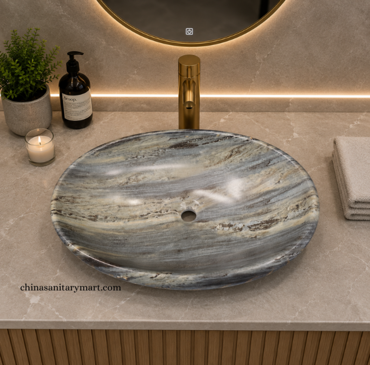 IS-A3352C 16×24 Inch Matte Marble Shed Oval Top Basin with premium ceramic construction, luxurious grey marble-inspired finish