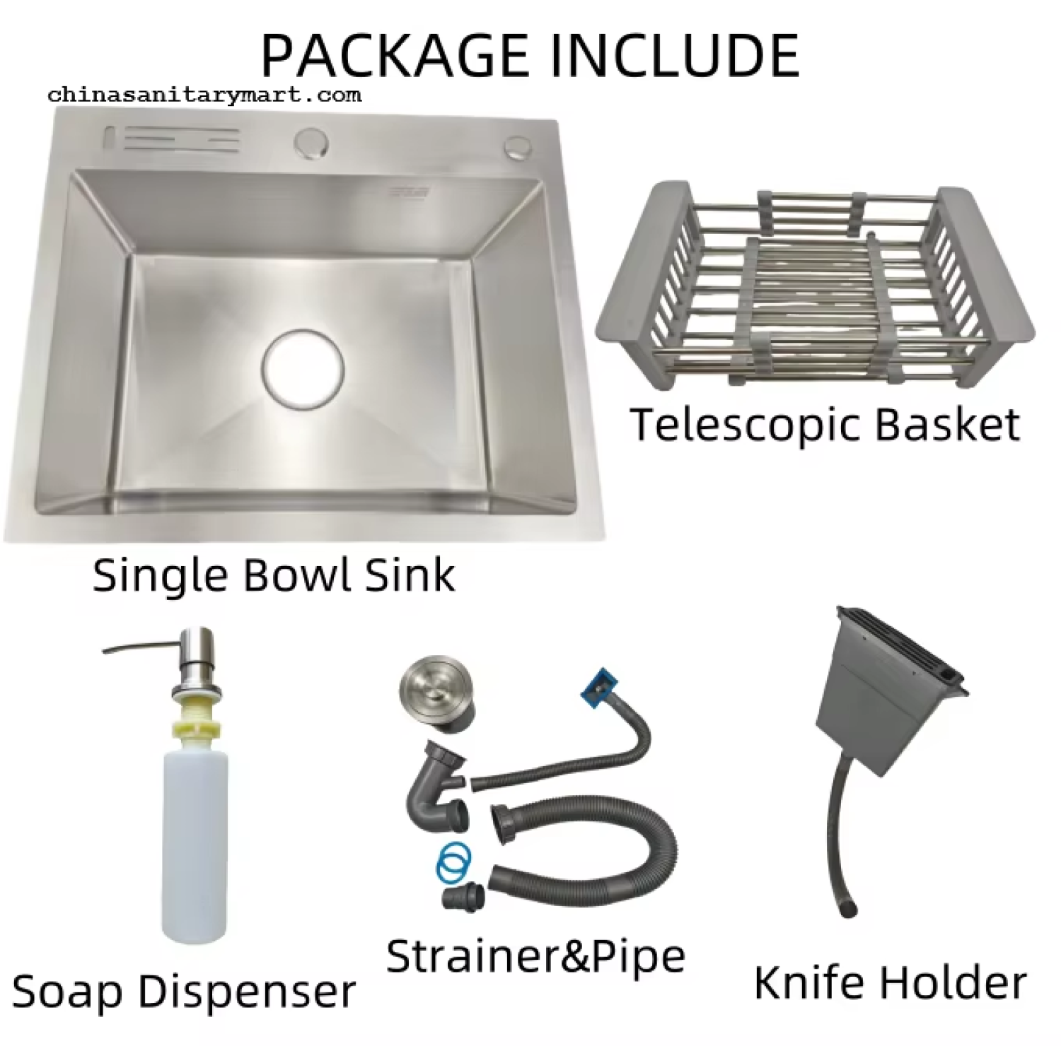 18×24 Inch SS Matte Silver Color Handmade Single Bowl Kitchen Sink made from premium SUS304 stainless steel with a brushed matte finish, deep bowl, telescopic dish basket, soap dispenser, knife holder, premium strainer waste.