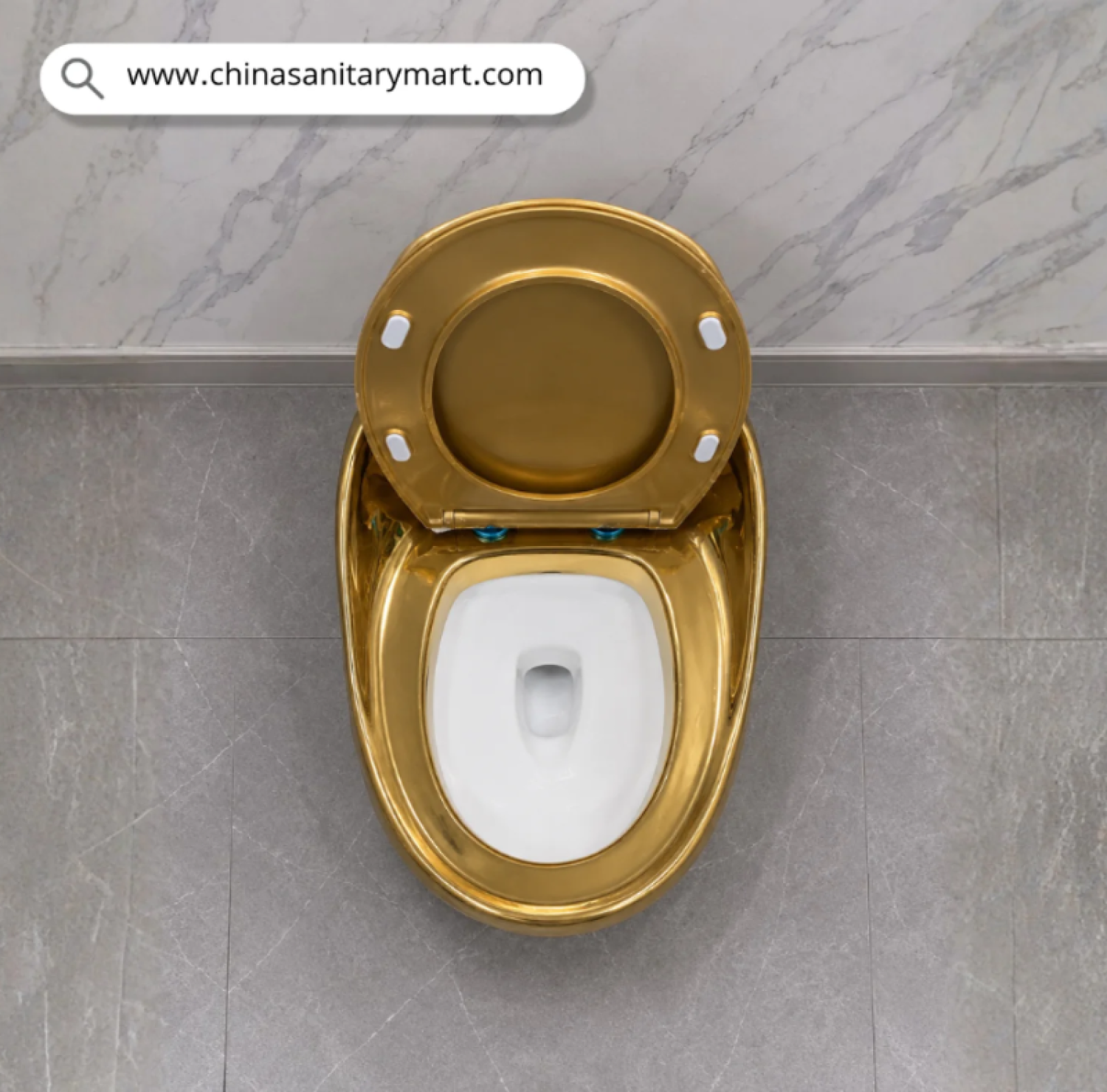 IS-M099G Peanut Commode Golden Color luxury one piece ceramic toilet with premium high gloss gold finish, floor mounted designer WC for modern bathrooms, luxury homes, hotels and villas, elegant sanitary ware by China Sanitary Mart.