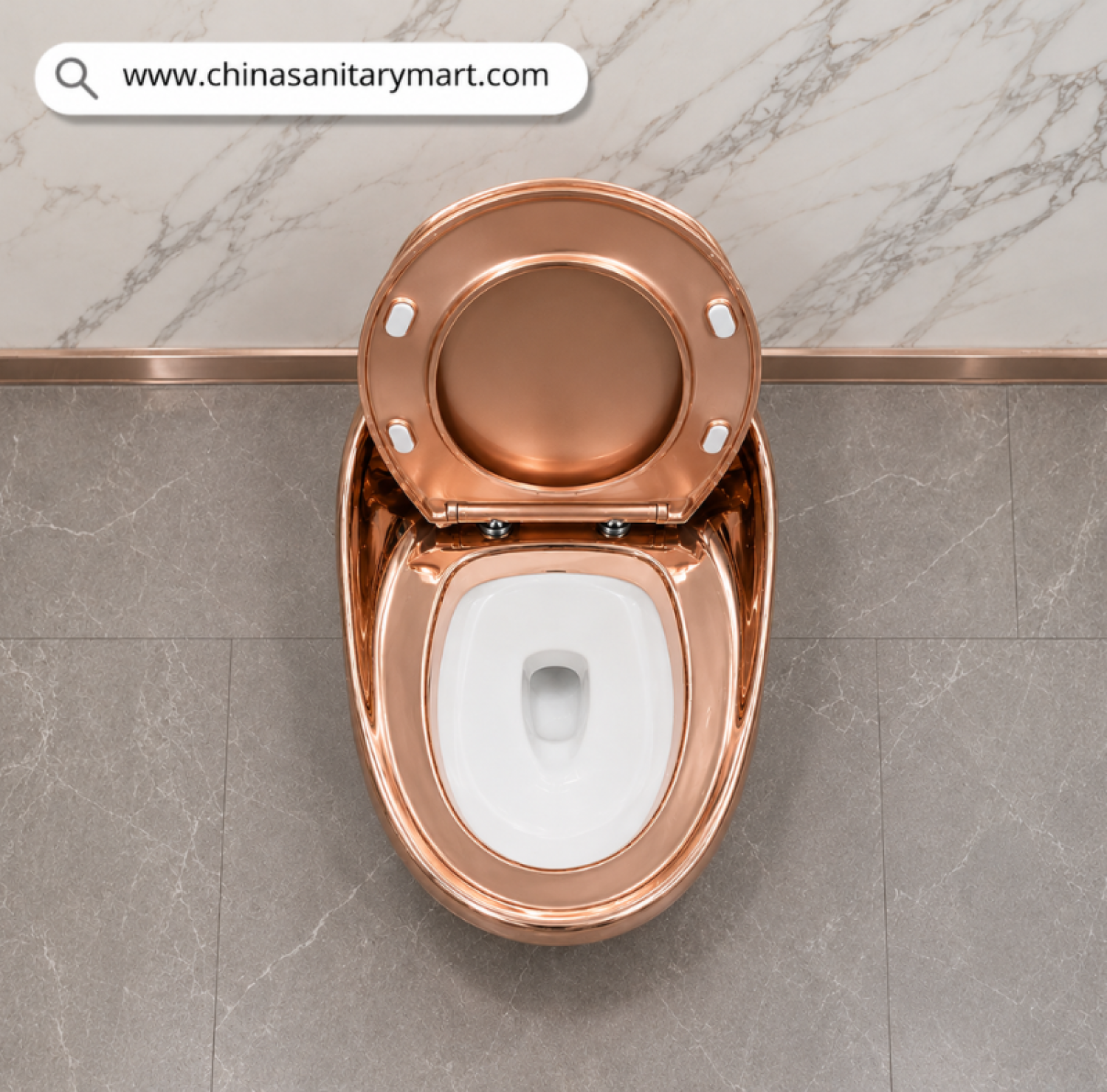 IS-M099RG luxury peanut-shaped one-piece ceramic commode with mirror rose gold electroplated finish, concealed tank, glossy surface