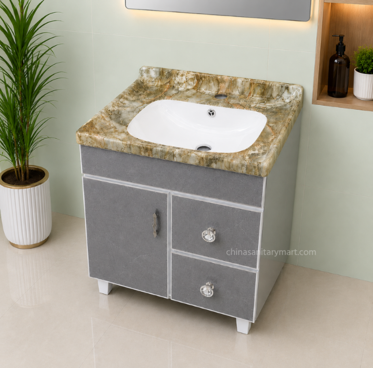 24×19 Inch PVC Box Cabinet with Under Counter Ceramic Wash Basin HPL Bathroom Vanity Cabinet with 2 Drawers Grey PVC Bathroom Cabinet with Ceramic Basin Under Counter Wash Basin Cabinet 24×19 Inch