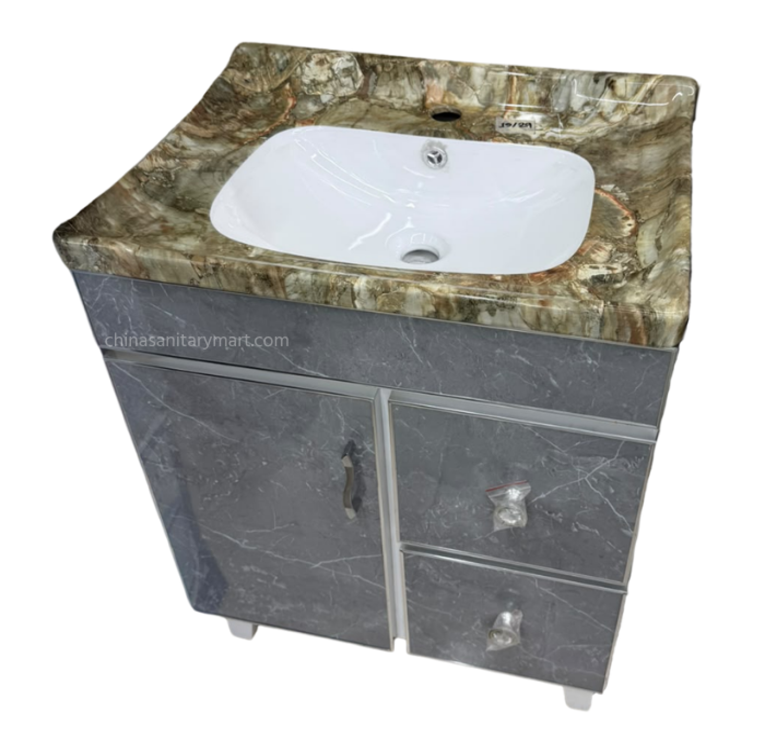 24×19 Inch PVC Box Cabinet with Under Counter Ceramic Wash Basin HPL Bathroom Vanity Cabinet with 2 Drawers Grey PVC Bathroom Cabinet with Ceramic Basin Under Counter Wash Basin Cabinet 24×19 Inch