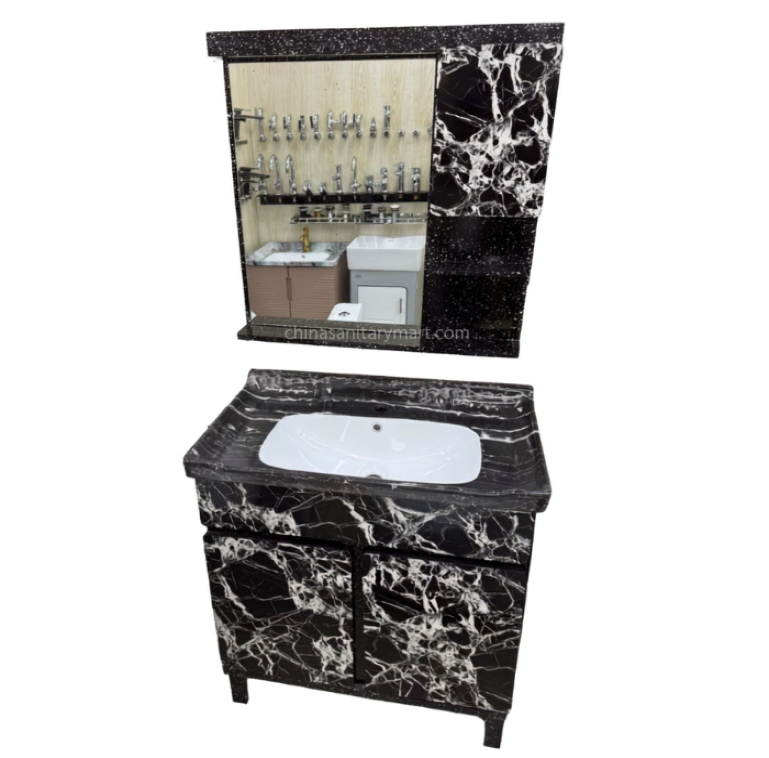23×19 Inch PVC Box Cabinet with Under Counter Ceramic Wash Basin Black Marble HPL Bathroom Vanity Cabinet 30×31 Inch Bathroom Mirror with PVC Cabinet Modern Bathroom Vanity Cabinet with Ceramic Basin