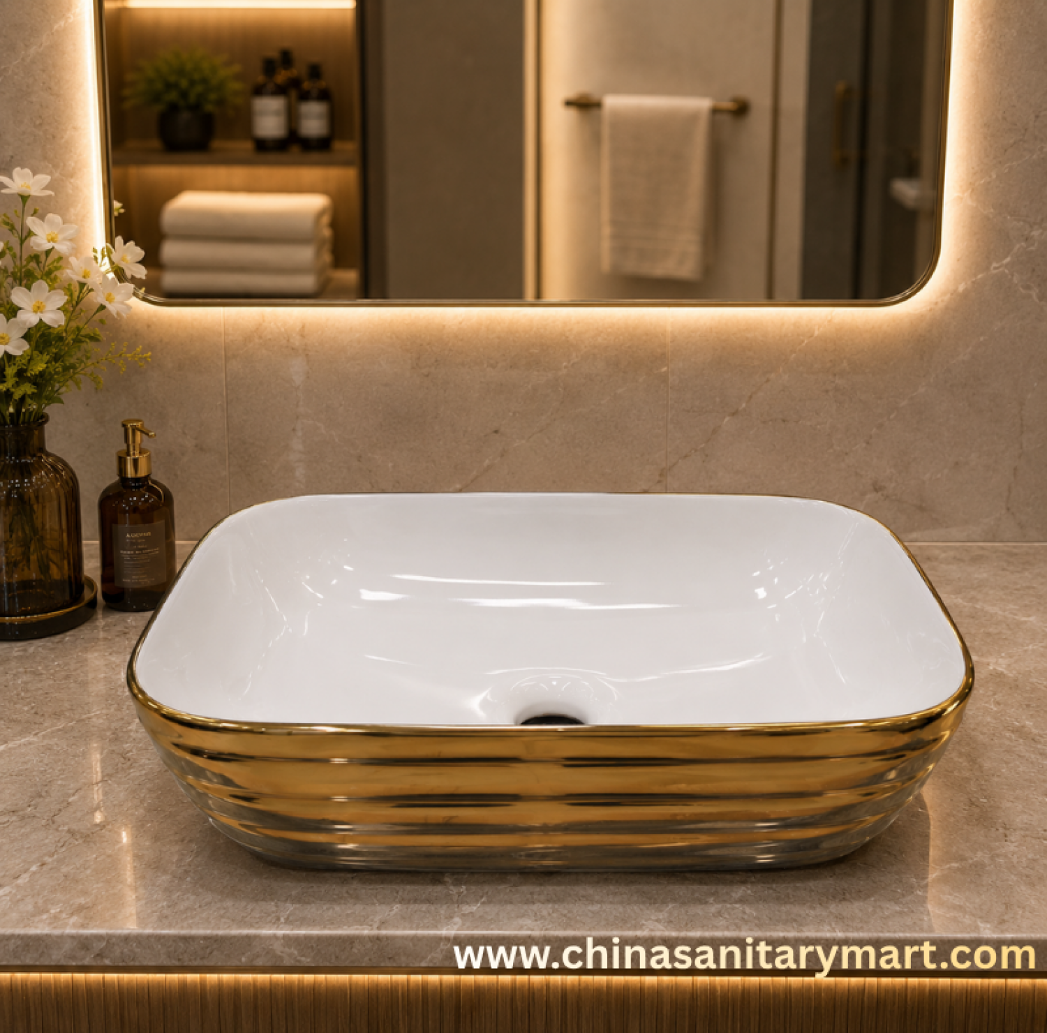 13x18 top basin,white inside golden basin,golden ripple top basin,counter top wash basin,luxury ceramic basin,premium art basin,bathroom top basin,white ceramic basin,golden wash basin,China Sanitary Mart,Bangladesh