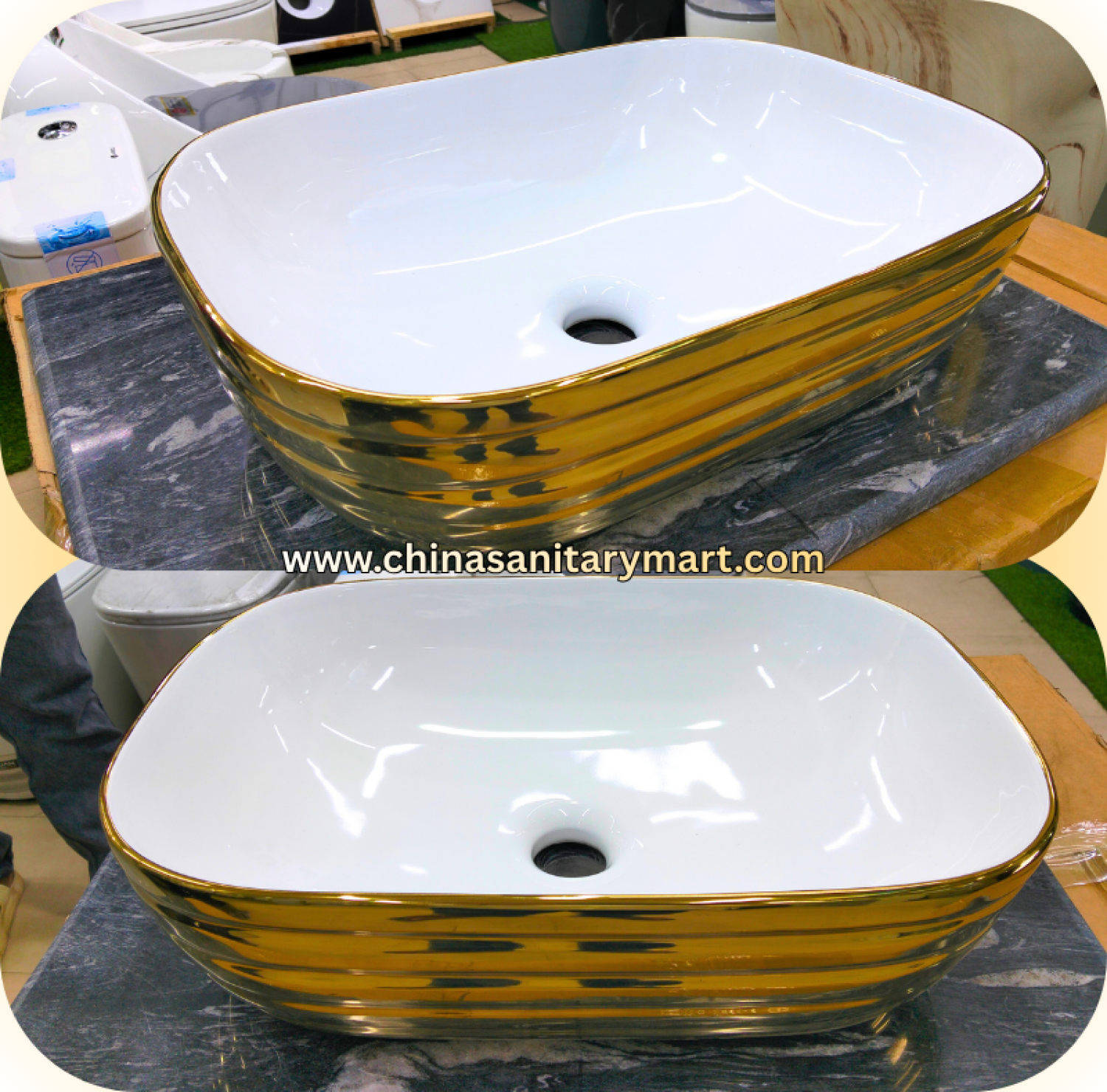 13x18 top basin,white inside golden basin,golden ripple top basin,counter top wash basin,luxury ceramic basin,premium art basin,bathroom top basin,white ceramic basin,golden wash basin,China Sanitary Mart,Bangladesh