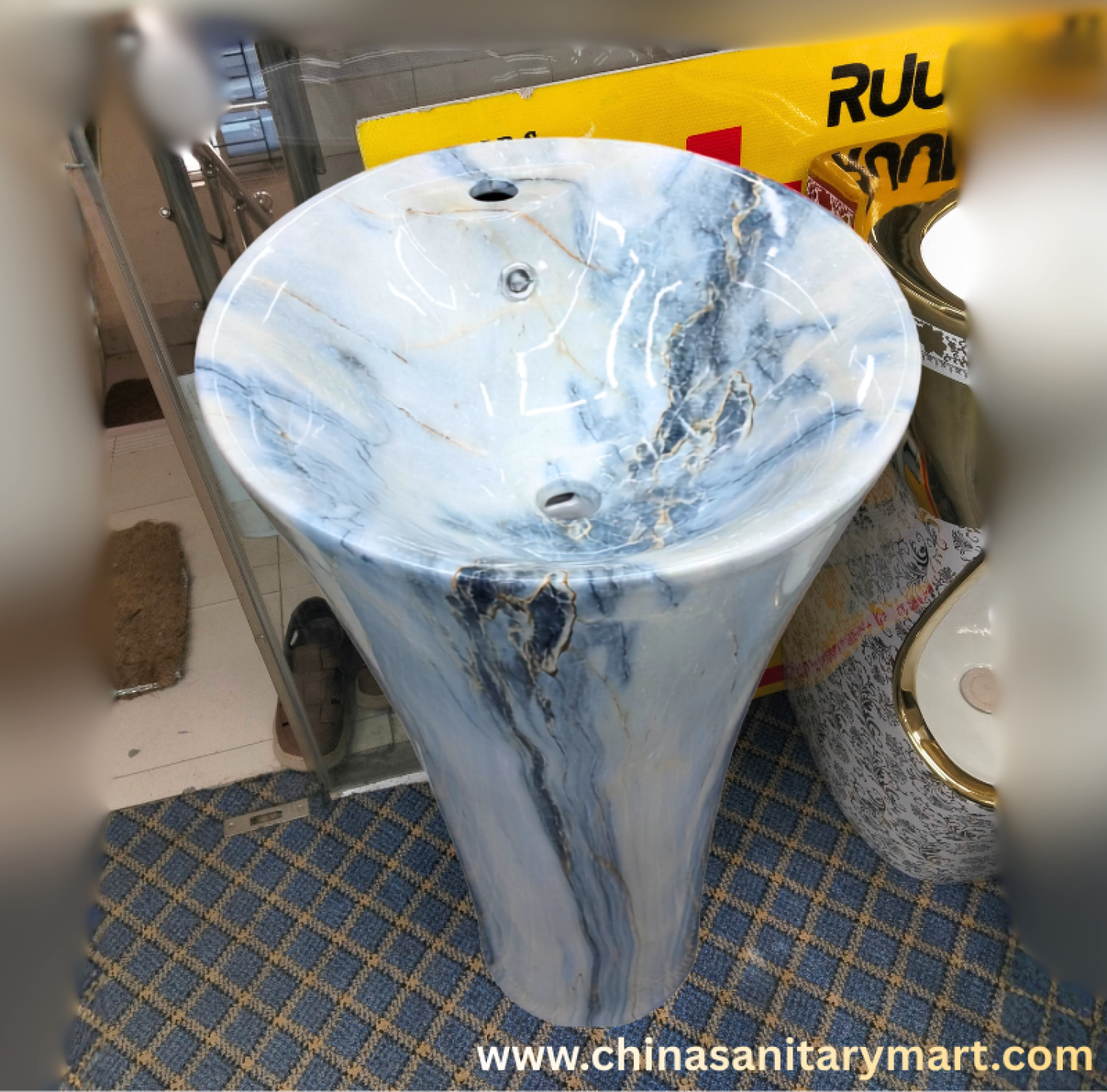 17x17 drum basin,pencil shape drum basin,white blue marble basin,freestanding wash basin,ceramic floor basin,luxury drum basin,bathroom drum basin,premium ceramic basin,China Sanitary Mart,Bangladesh
