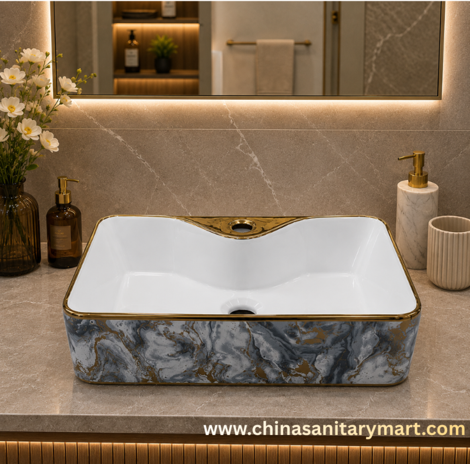 19x15 top basin,square shape art basin,golden outline basin,marble pattern basin,counter top wash basin,luxury ceramic basin,premium bathroom basin,designer top basin,China Sanitary Mart,Bangladesh