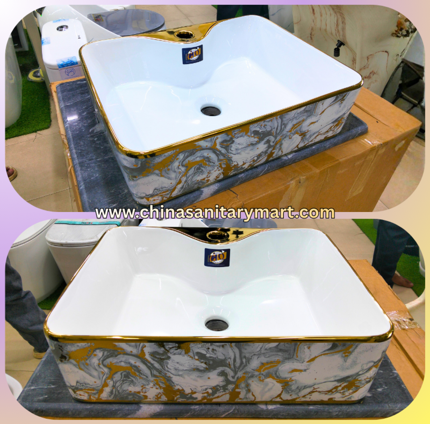 19x15 top basin,square shape art basin,golden outline basin,marble pattern basin,counter top wash basin,luxury ceramic basin,premium bathroom basin,designer top basin,China Sanitary Mart,Bangladesh