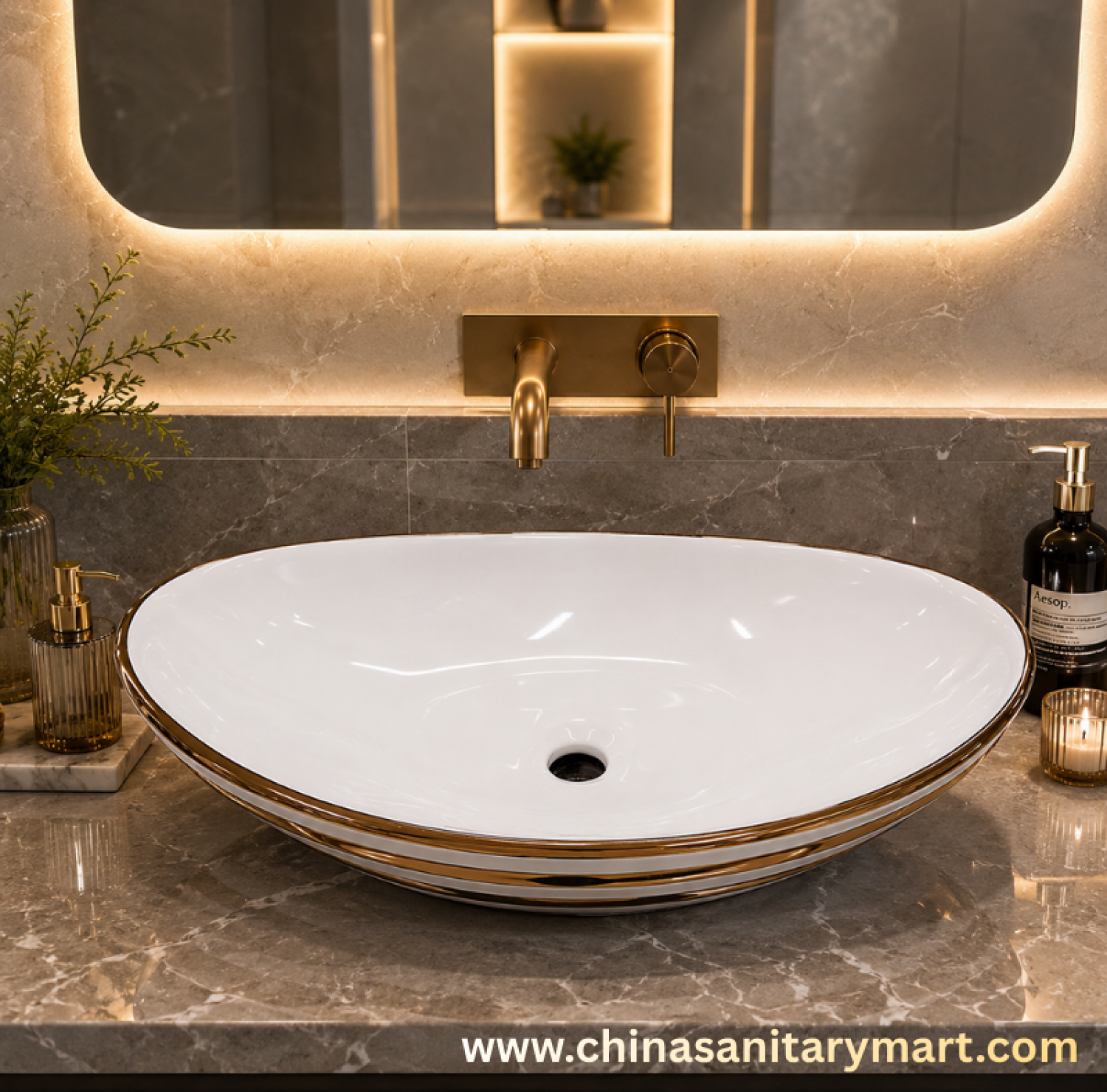 24x15 top basin,boat shape basin,white ceramic basin,golden outline basin,counter top wash basin,luxury bathroom basin,premium top basin,designer wash basin,China Sanitary Mart,Bangladesh